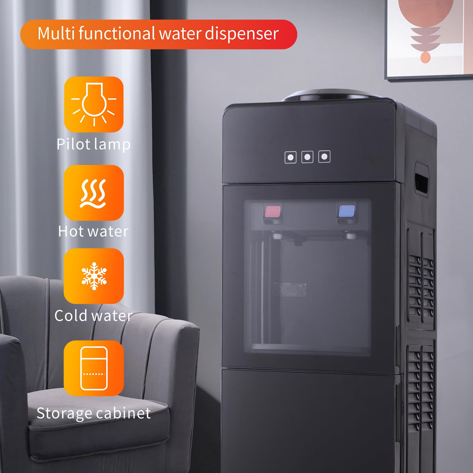 5 Gallon Top Load Water Cooler with Hot & Cold Dispenser - Freestanding for Home & Office, Compatible with 3 & 5 Gallon Bottles, Luxury Black Design (Black) - Perfect for Kitchen, Breakroom, and Office Hydration