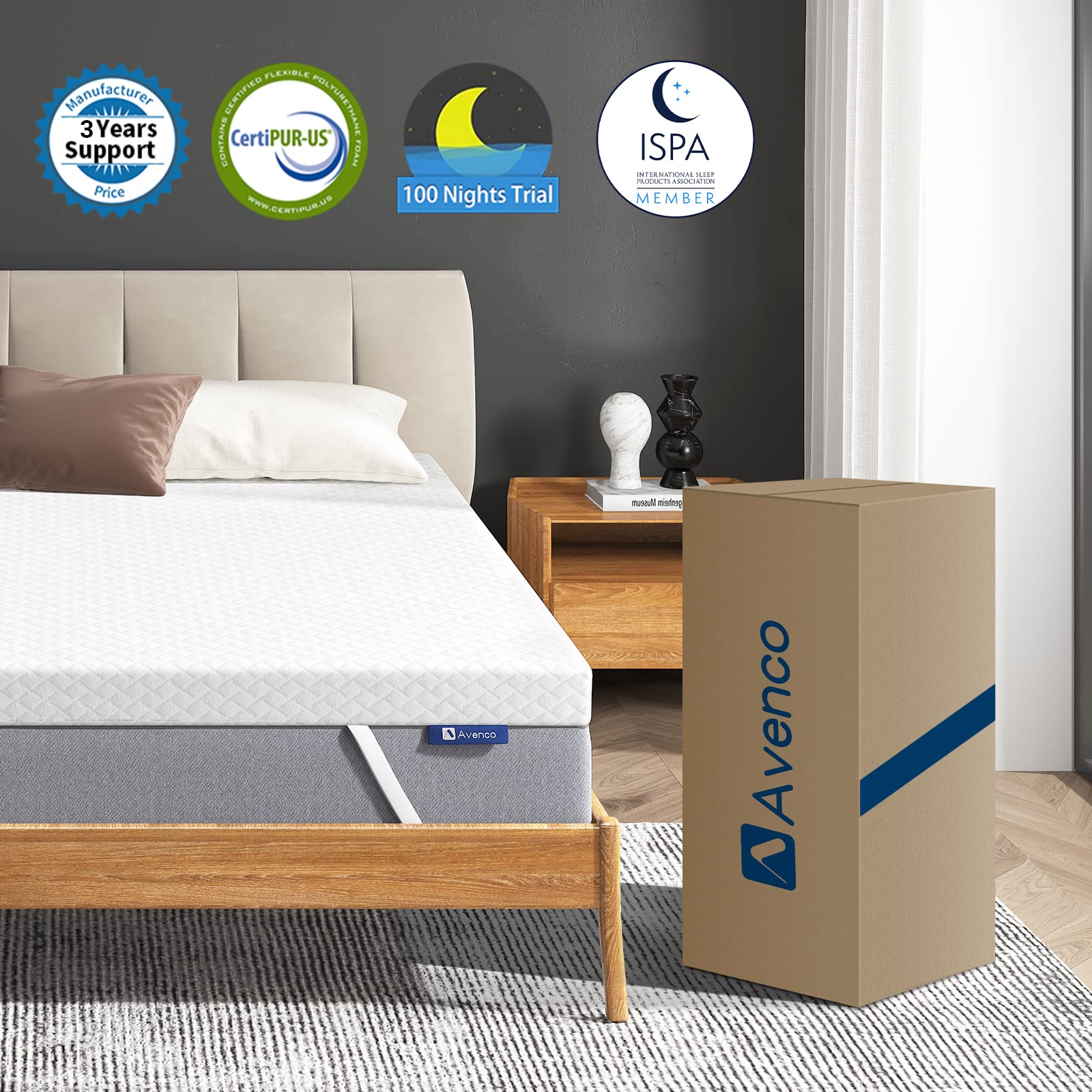 Avenco 4 Inch Queen Memory Foam Mattress Topper - CertiPUR-US Certified, Medium Firm & Reversible with Removable Cover | Cooling Mattress Pad for Back Pain Relief, Pressure Relief & Better Sleep (White) - Perfect for Guest Beds, Dorm Rooms & Home Comfort Upgrade