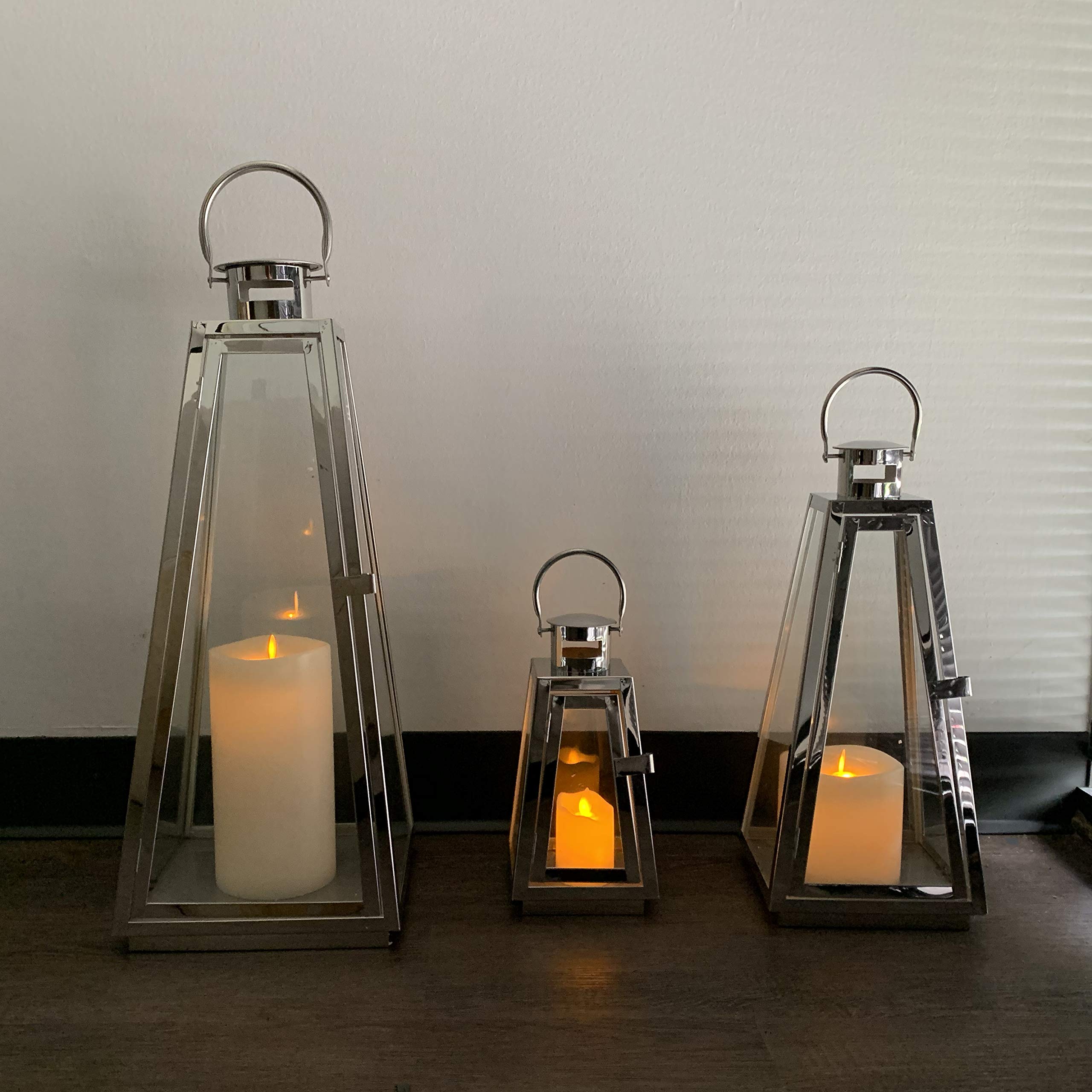 Allgala 3-Piece Jumbo 24-Inch Modern Lantern Set - Silver Chrome Stainless Steel Tapered Trapezoid Frame with Tempered Glass - Indoor/Outdoor Decorative Candle Holders for Garden, Patio, Fireplace, Wedding & Home Decor