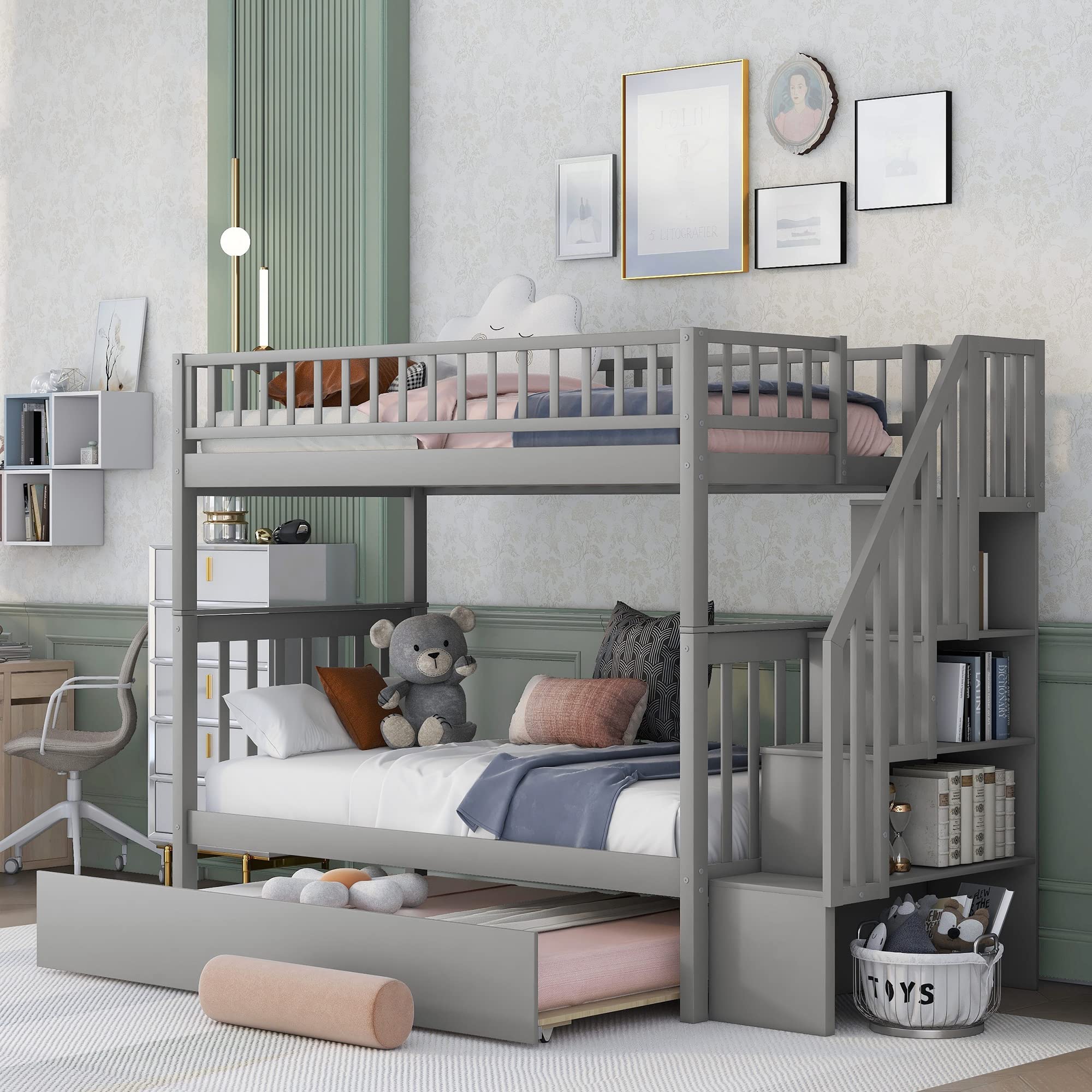 Harper & Bright Designs Twin Over Twin Solid Wood Bunk Bed with Trundle & Stairs - Space-Saving Kids, Teens & Adult Bedroom Furniture (Grey) - Perfect for Small Rooms, Guest Rooms & Shared Kids' Bedrooms