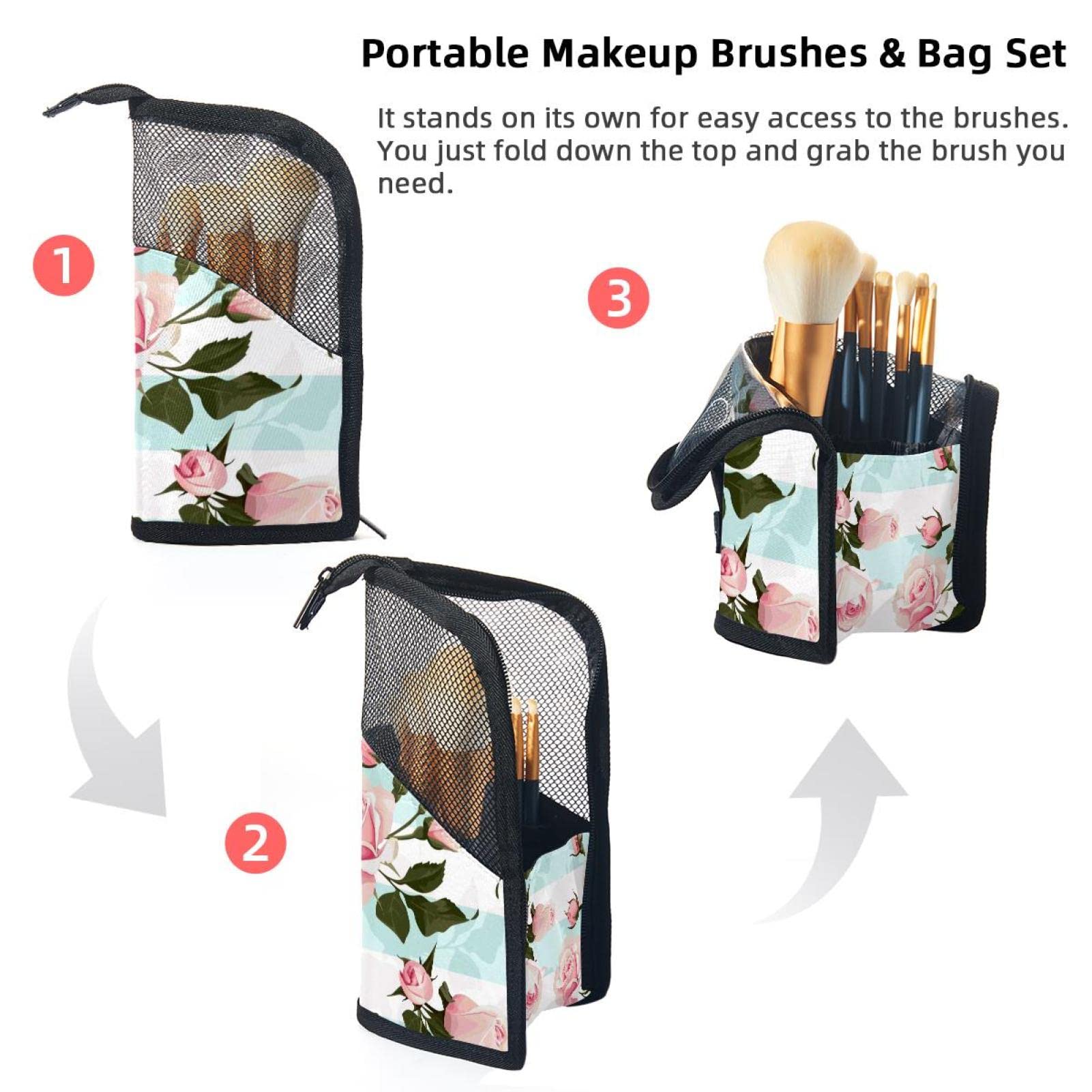 12-Piece Makeup Brush Organizer Bag with Pink Roses & Green Stripes Design - Portable Cosmetic Brush Holder Case for Travel, Home & Professional Makeup Artists