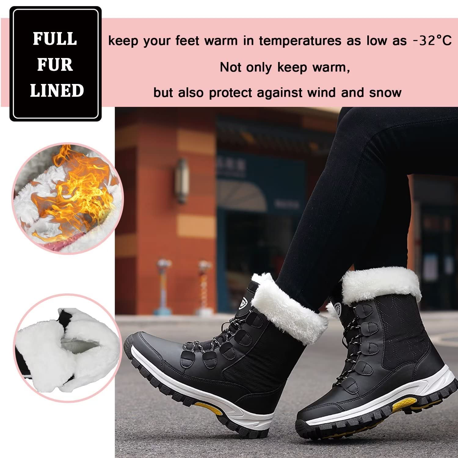 Tanleewa Women's Waterproof Faux Fur Winter Snow Boots - Mid Calf Warm Snow Boots with Anti-Slip Sole for Outdoor Activities, Hiking & Cold Weather Fashion