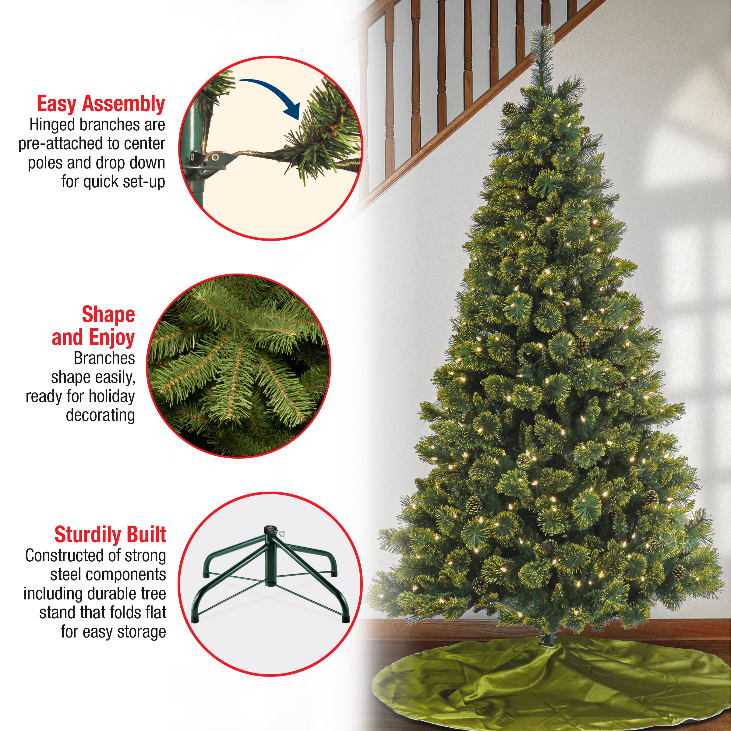 7 ft. Pre-Lit Maine Pine Artificial Christmas Tree with Warm White LED Lights - Perfect for Home, Office, and Holiday Decorations