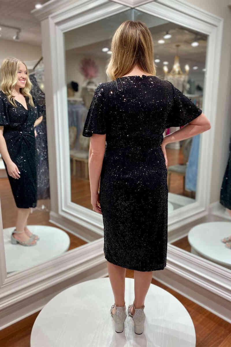 Elegant Black Sequin Midi Mother of the Bride Dress with Ruched Detailing - Perfect for Weddings, Parties & Special Occasions