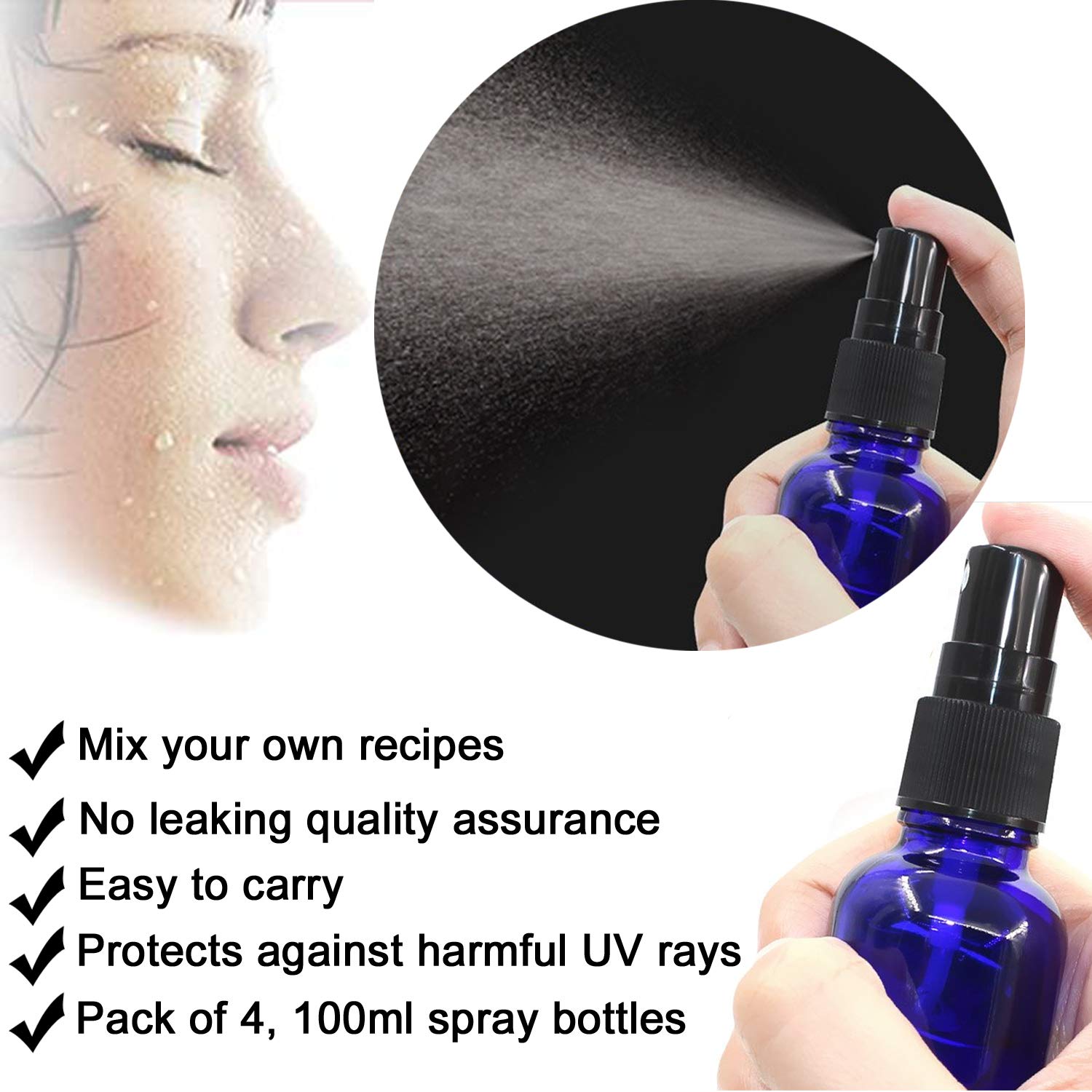 Yalbdopo 4PCS 100ml Empty Plastic Spray Bottles Set - Fine Mist Travel Atomizer for Essential Oils, Perfumes, Hair Care & Toiletries | Portable Refillable Liquid Containers for Home, Gym & Travel Use