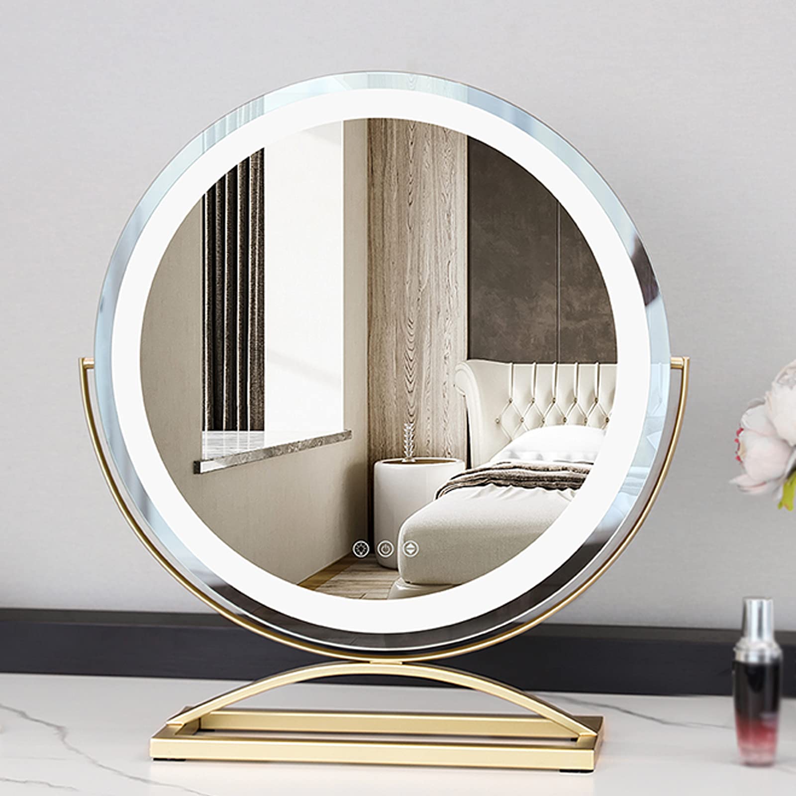 LED Round Desktop Vanity Mirror with Lights - Touch Screen Dimmable Brightness & 360° Swivel - Makeup Mirror for Dressing Table, Bathroom & Bedroom - Perfect for Applying Makeup, Skincare & Hair Styling - Black