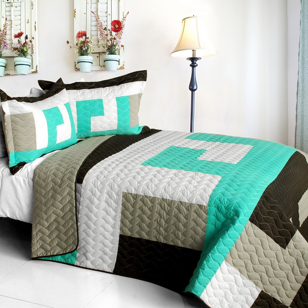 Tetris Geometric Quilt Set - Full/Queen Size Vermicelli Quilted Patchwork Bedding for Modern Bedroom Decor | Soft & Stylish Comforter for Cozy Nights
