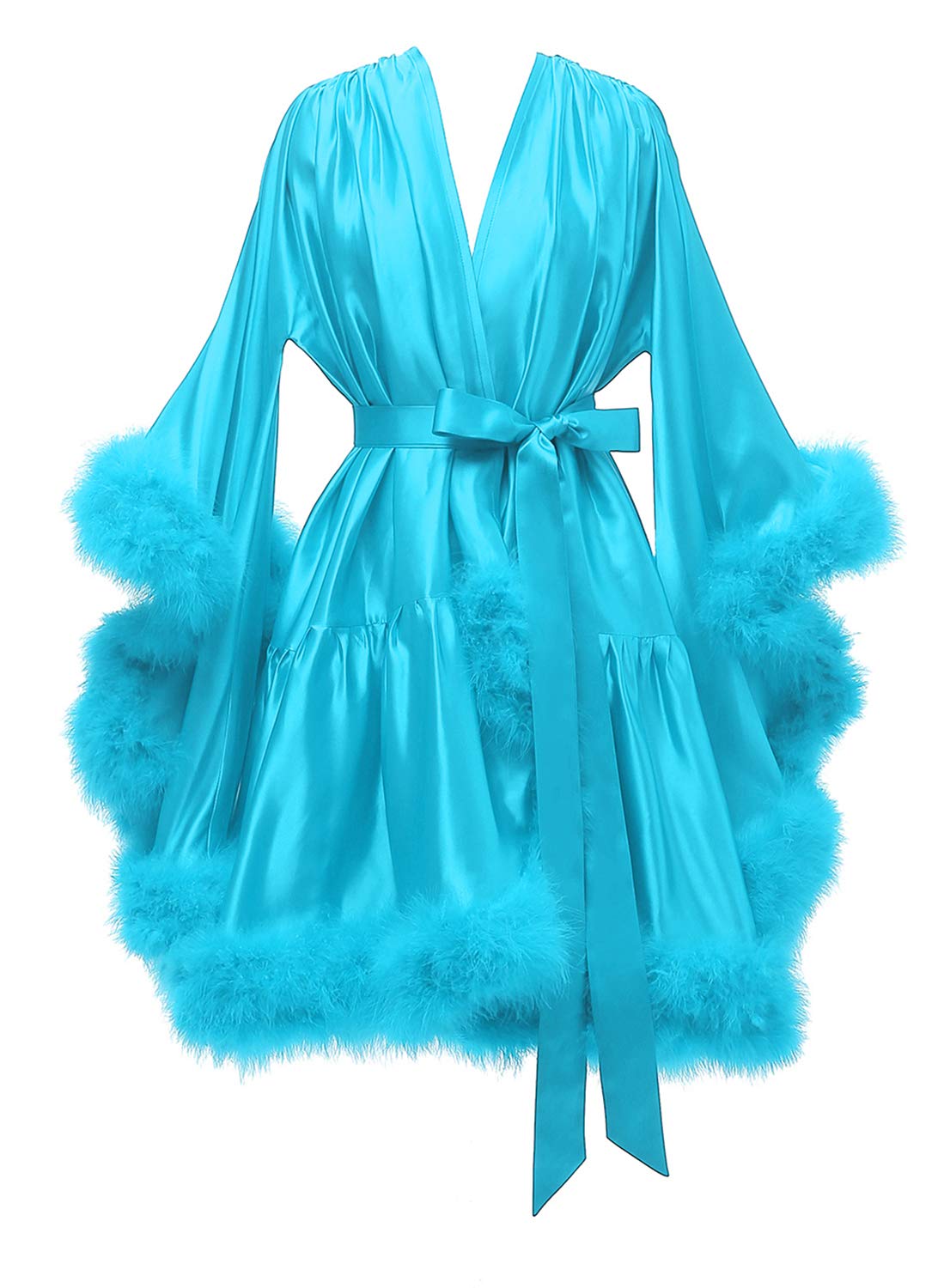 Yexinbridal Feather Fur Robe - Luxurious Silk Satin Bridal Dressing Gown, Sexy Lingerie Nightgown & Elegant Bathrobe for Women | Perfect for Wedding Night, Honeymoon, Boudoir Photoshoot & Relaxing Sleepwear