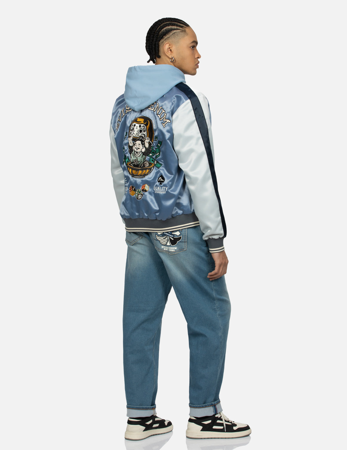Playful Godhead & Daruma Embroidered Relaxed Fit Souvenir Jacket - Stylish Streetwear for Casual Outings & Festival Fashion