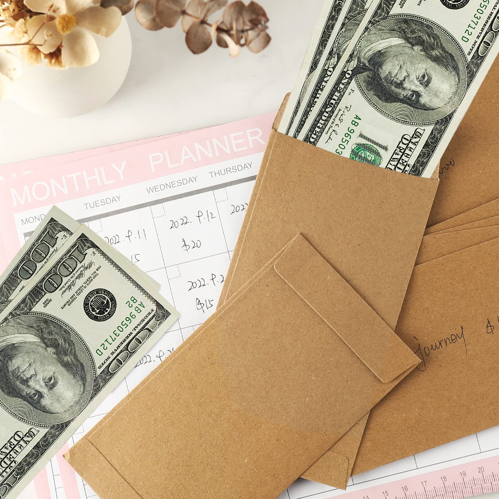 Granhoolm 50 Pack Large Cash Envelopes 3.5 x 6.5 inch - Budgeting Envelopes for Money Savings, Cash Organizer for Envelope System, Brown - Perfect for Dave Ramsey Budgeting, Cash Stuffing & 100 Envelope Challenge