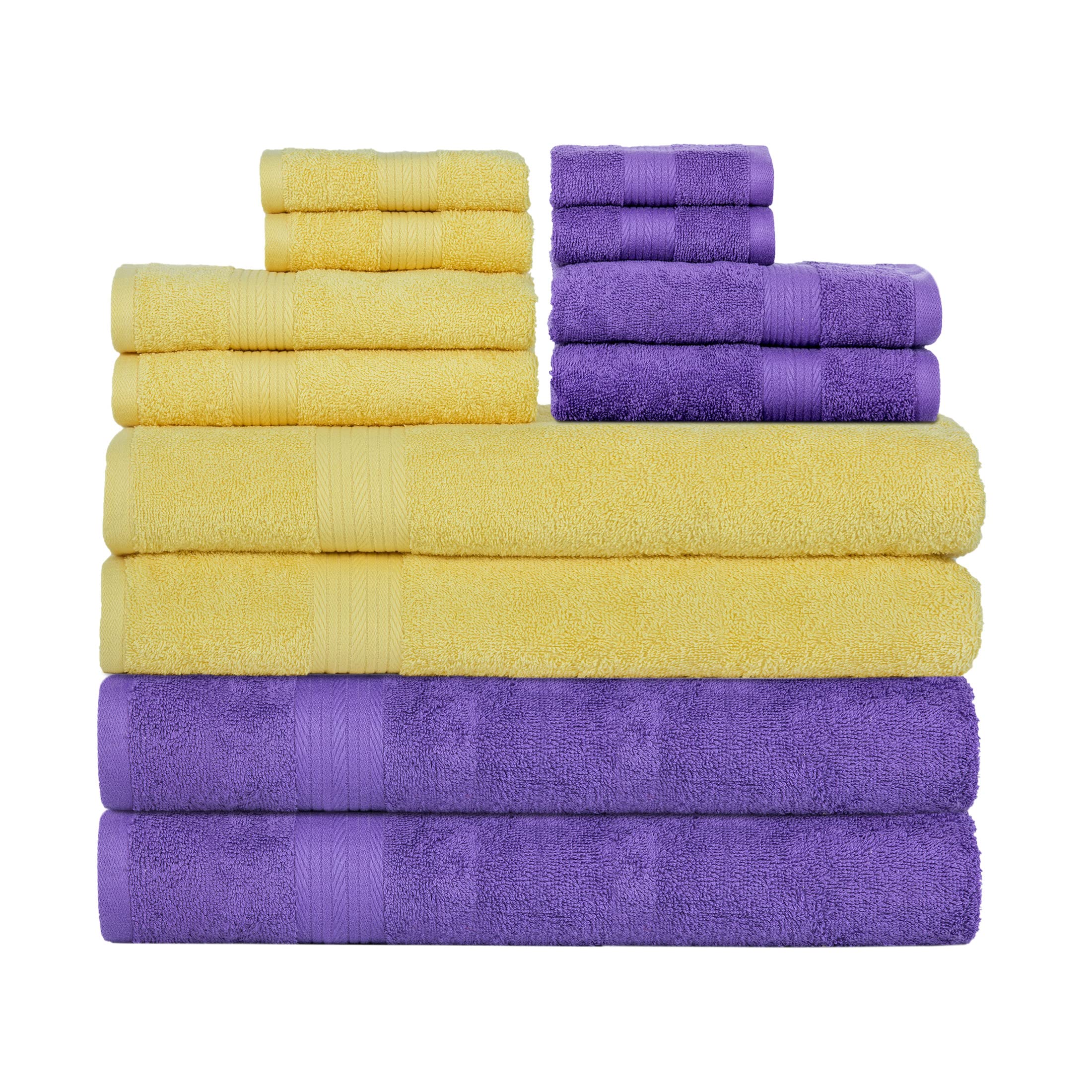 Premium 12-Piece Cotton Bath Towel Set - 600 GSM, 4 Bath Towels, 4 Hand Towels & 4 Washcloths | Ultra Absorbent, OEKO-TEX Certified, Machine Washable | Luxury Spa & Guest Bathroom Essentials (Purple & Yellow)