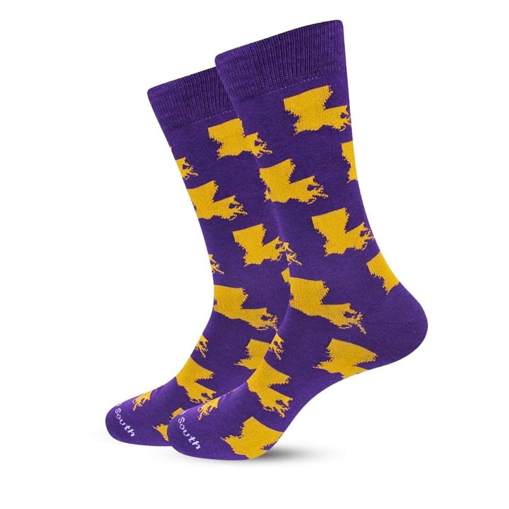 Louisiana Map Pattern Socks for Men - Purple & Gold Novelty Cotton Blend Socks with State Outline | One Size Fits Most (Cotton/Polyester/Spandex) | Perfect Louisiana Gifts & Souvenirs for Travel Lovers, College Students, and Sports Fans