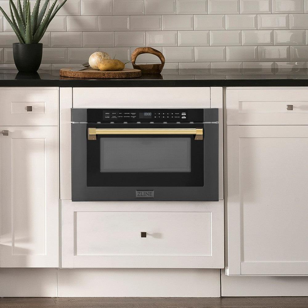 ZLINE Autograph Edition 24 Inch Built-In Microwave Drawer - 1.2 cu ft Capacity, Black Stainless Steel with Polished Gold Accents (MWDZ 1 BS H G) - Perfect for Modern Kitchens, Luxury Homes & High-End Appliance Upgrades
