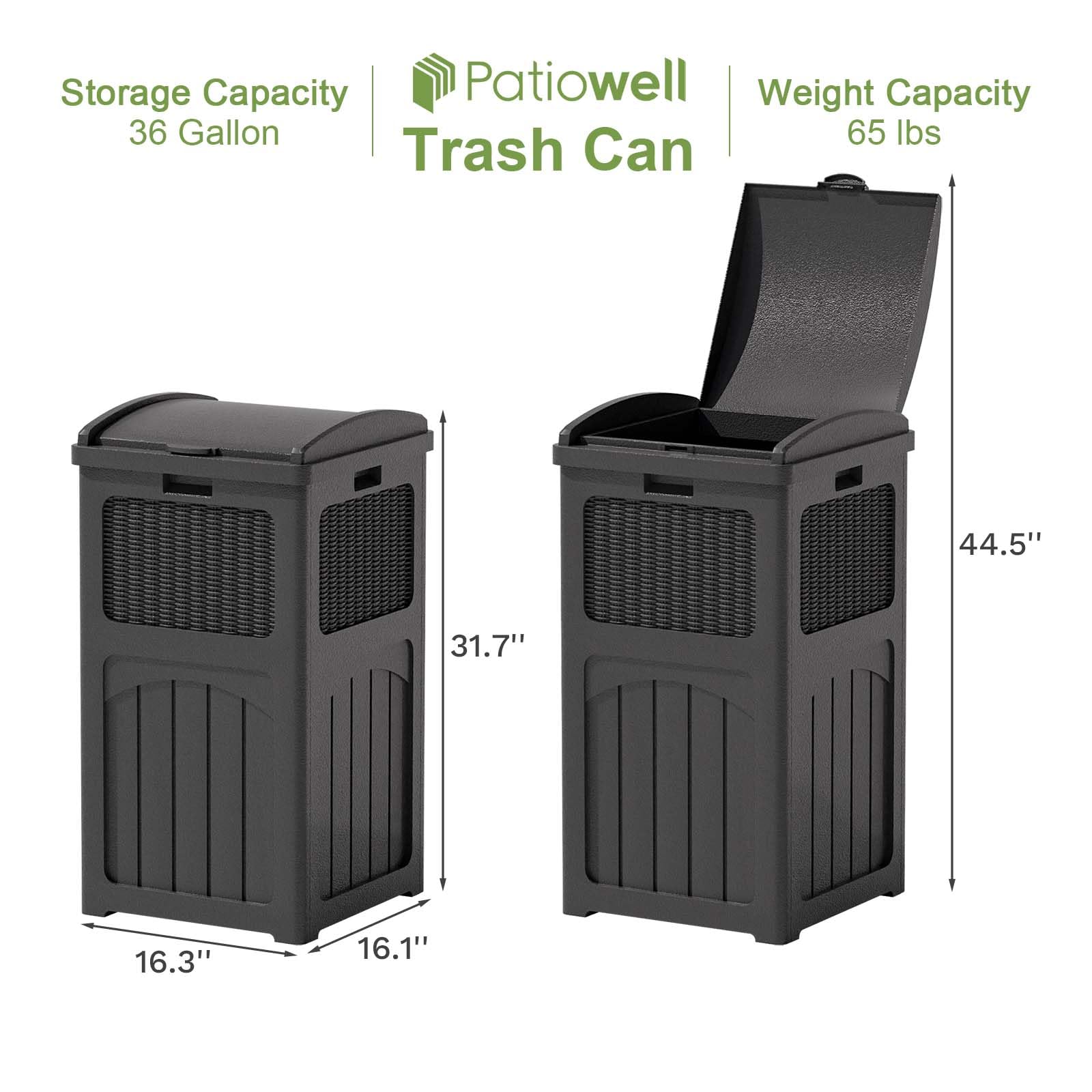 **Patiowell 36 Gallon Outdoor Trash Can with Lid – Heavy-Duty Resin Garbage Bin for Patio, Backyard, Deck – Weatherproof & Durable – Ideal for Outdoor Waste Management (Black)**    *(Perfect for BBQs, Poolside, Camping, and Home Use)*