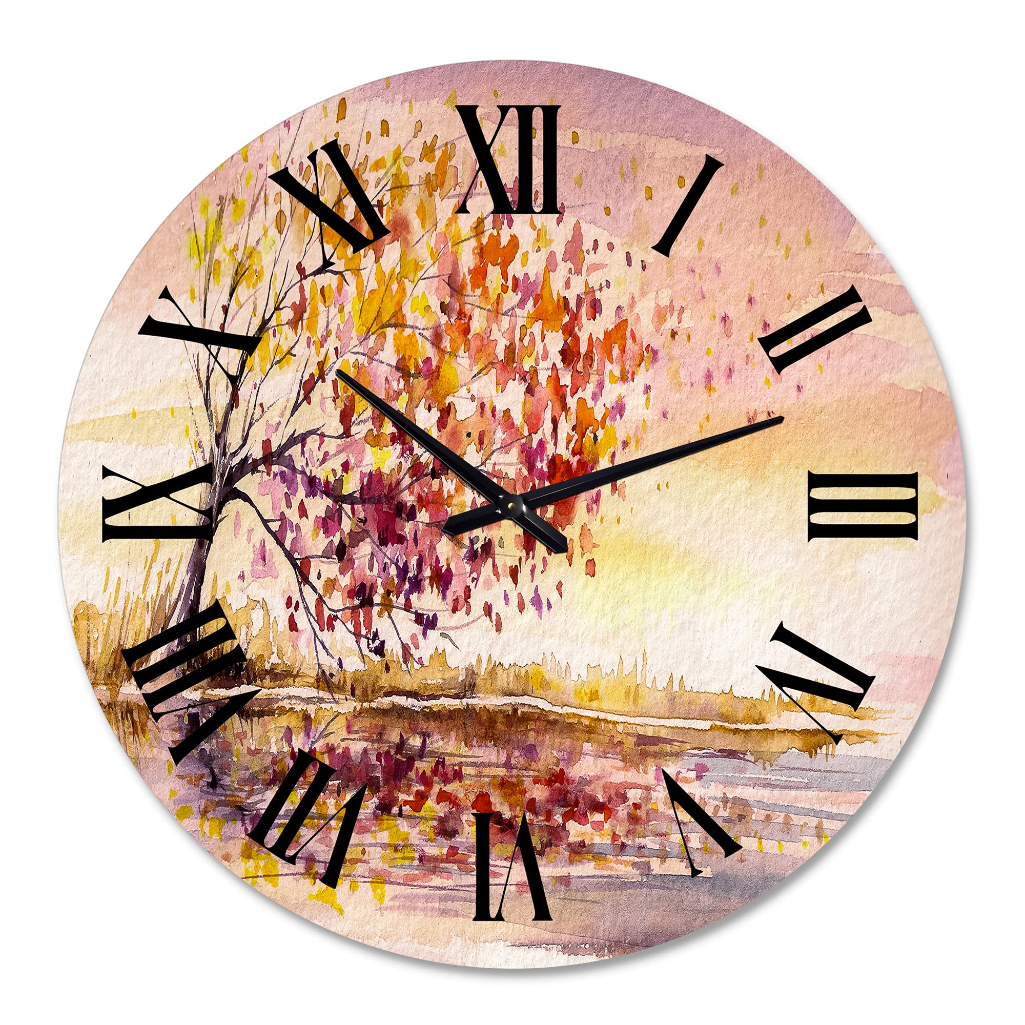 DesignQ Traditional Wall Clock - Yellow and Orange Autumn Tree Landscape Nature Large Wall Clock for Kitchen, Living Room, Bedroom & Office Decor | Perfect for Home, Farmhouse & Rustic Interior Design