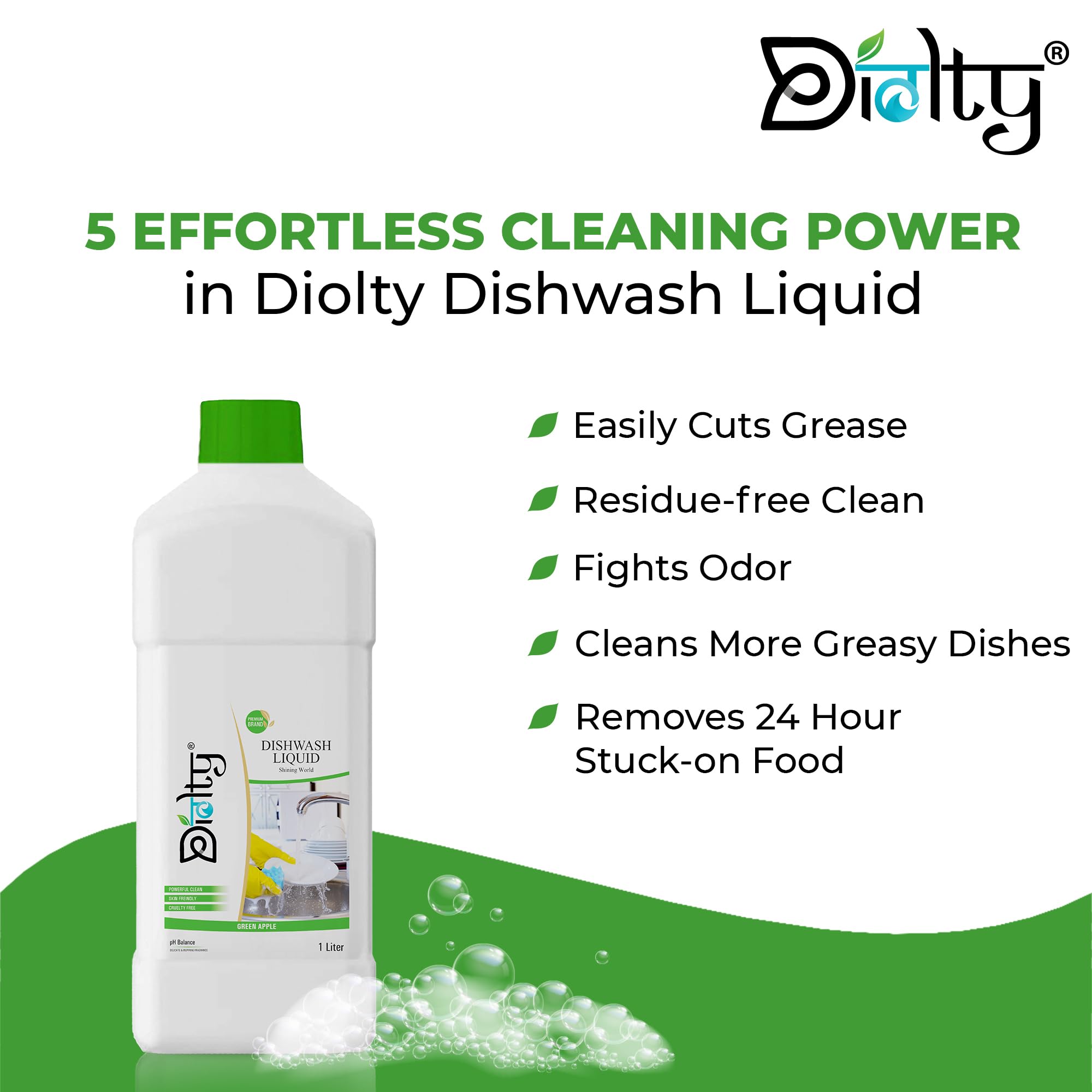 Diolty Lemon Scented Dishwashing Liquid Gel - 1L Grease Cleaner for All Utensils | Eco-Friendly Kitchen & Household Cleaning Solution (Green Apple Fragrance)