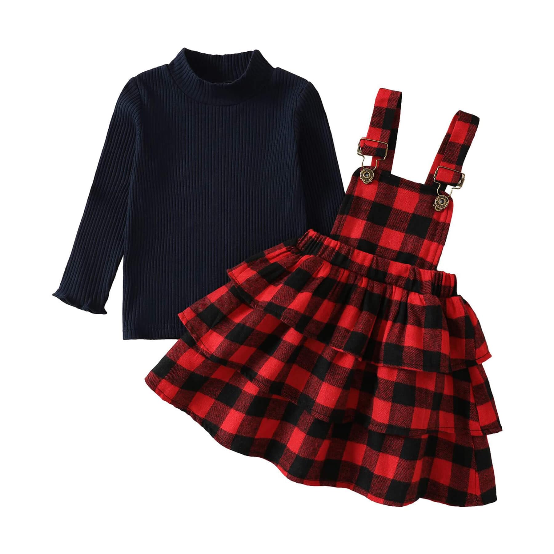QURYPOMO Toddler Baby Girl Christmas Dress - Long Sleeve Red Plaid Suspender Skirt Set | Holiday Outfit for Infants & Toddlers | Perfect for Xmas Photos, Parties & Family Gatherings