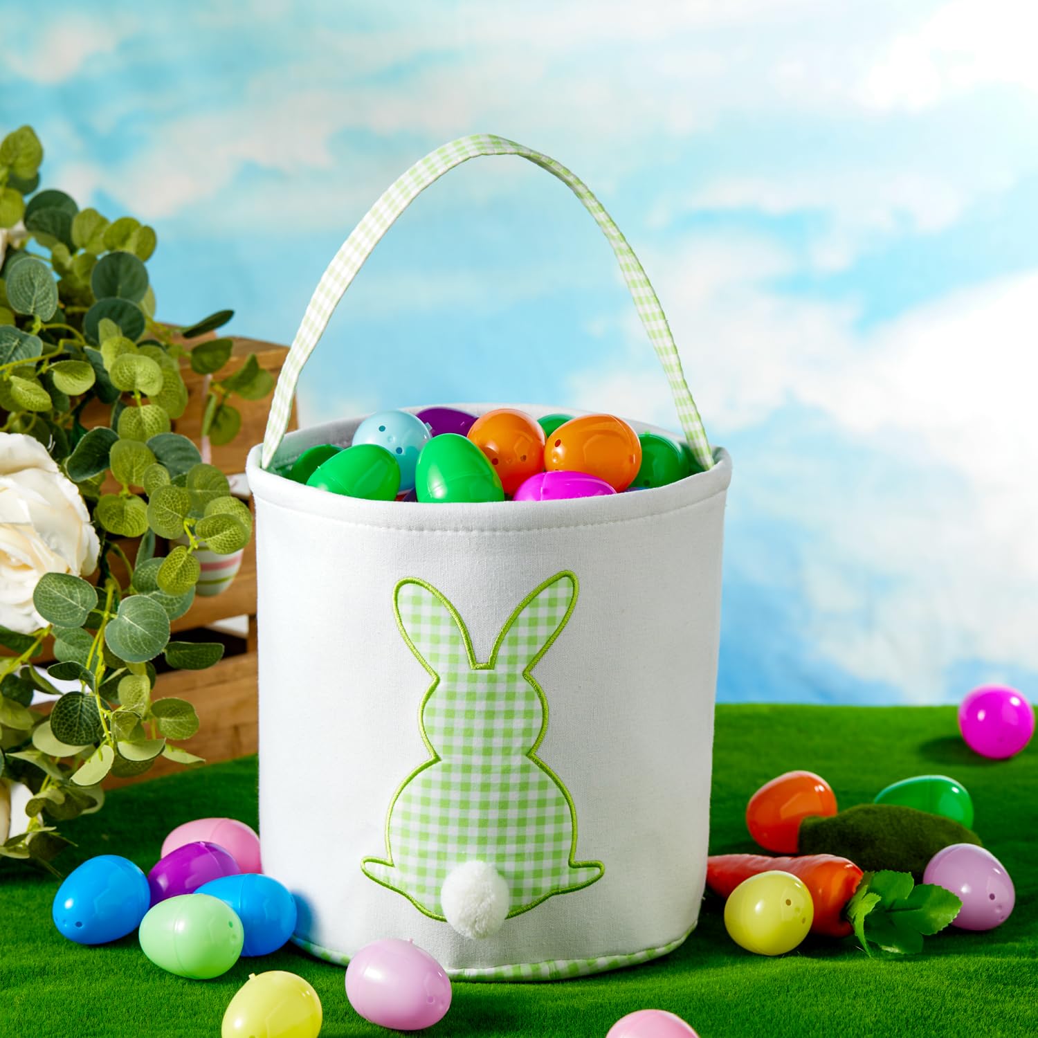 Easter Basket with Handle - Bunny Print Canvas Plaid Easter Bucket for Egg Hunt, Easter Baskets Bags with Fluffy Tail (Pink Plaid + Green Plaid) - Perfect for Easter Egg Hunts, Spring Decor & Kids Gift Giving