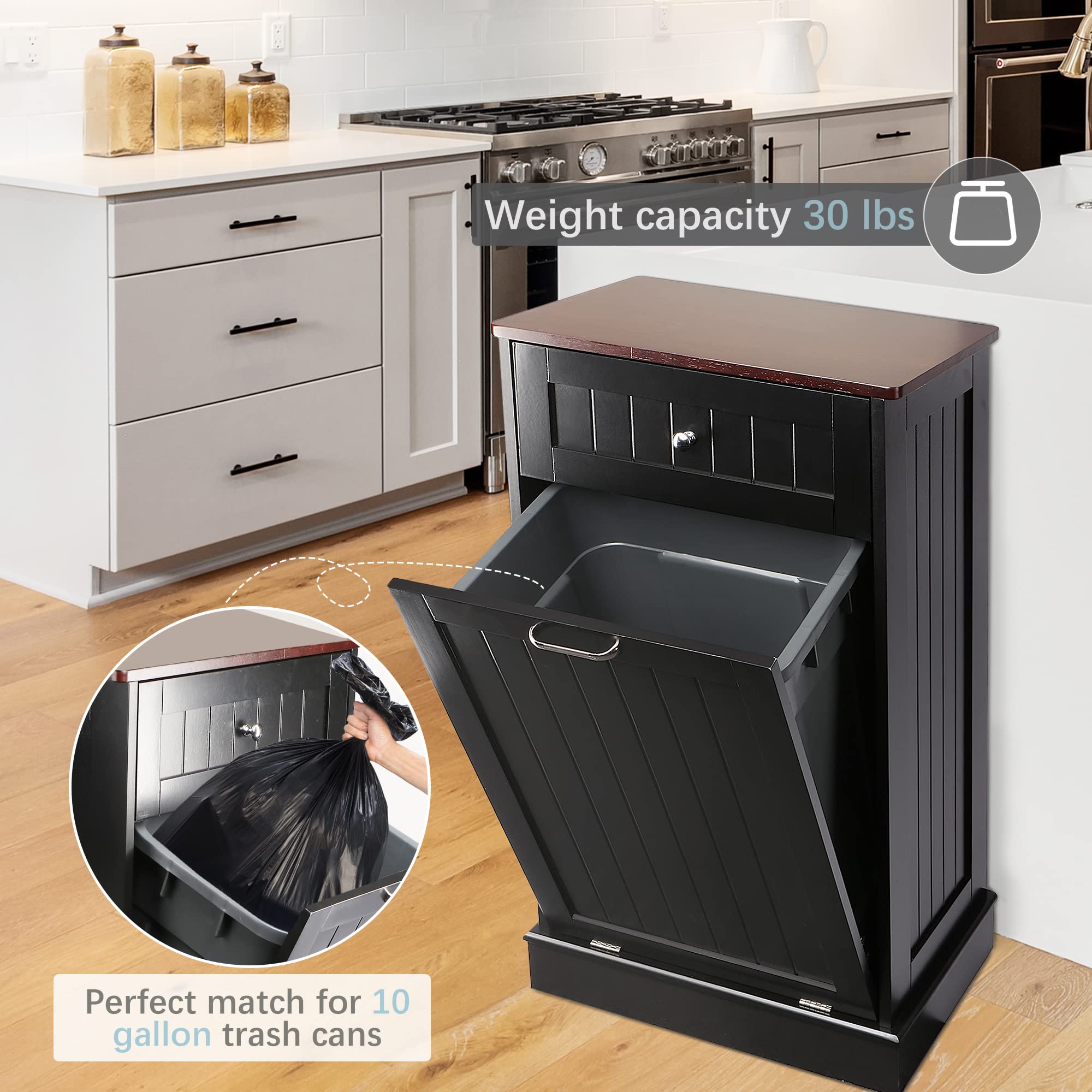 10 Gallon Wooden Tilt-Out Trash Cabinet with Hideaway Drawer - Free Standing Laundry Sorter & Recycling Bin for Kitchen, Bathroom, or Utility Room Organization