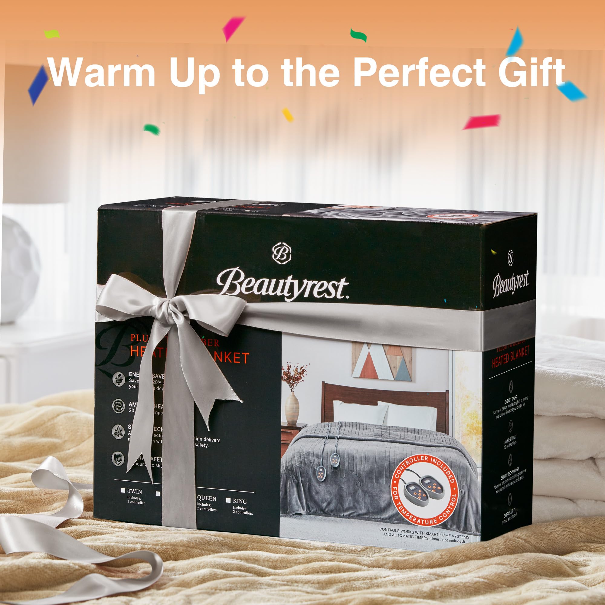 Beautyrest Electric Heated Blanket - 20 Heat Settings & Auto Shut Off Timer, Reversible Sherpa Plush Blanket for Queen Size Bed (90x84 inches), Machine Washable, Soft & Warm Grey Blanket - Perfect for Winter Nights, Cold Weather & Cozy Home Comfort