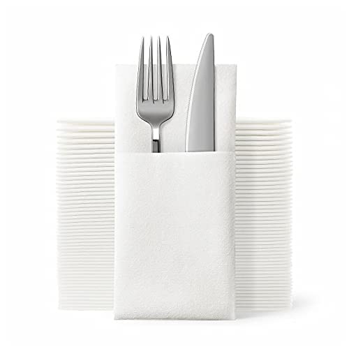 Premium Disposable Cloth-Like Napkins with Built-in Flatware Pocket - 100 Count White Wedding & Party Napkins - Soft Linen Feel, Prefolded for Silverware - Perfect for Weddings, Parties, Catering & Formal Events