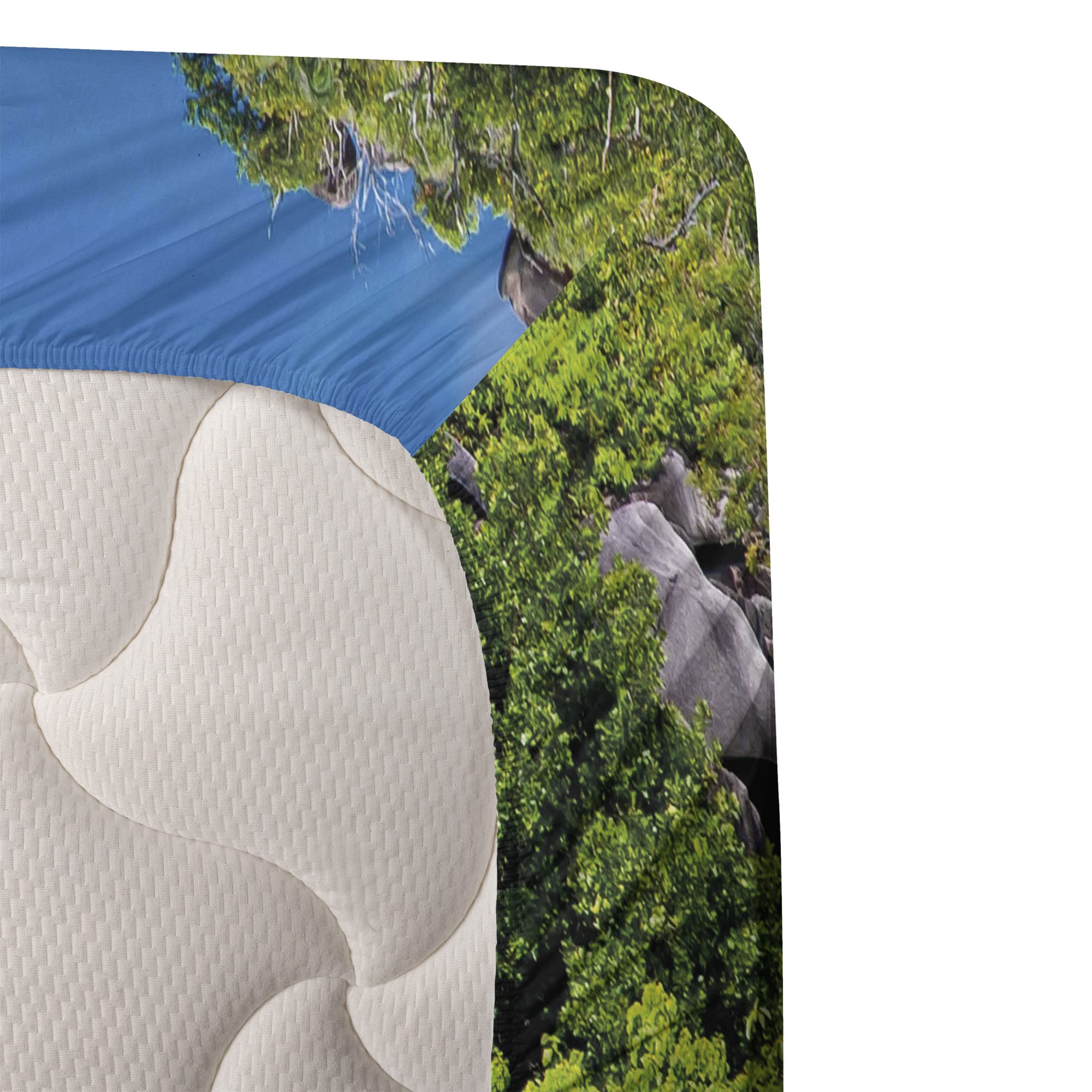Ambesonne Tropical Sheet Set - Seychelles Island Landscape with Trees & Sky Digital Print, 4-Piece King Size Bedding Set (Fitted Sheet, Flat Sheet, 2 Pillowcases) in Blue & Fern Green - Perfect for Beach & Tropical Themed Bedrooms