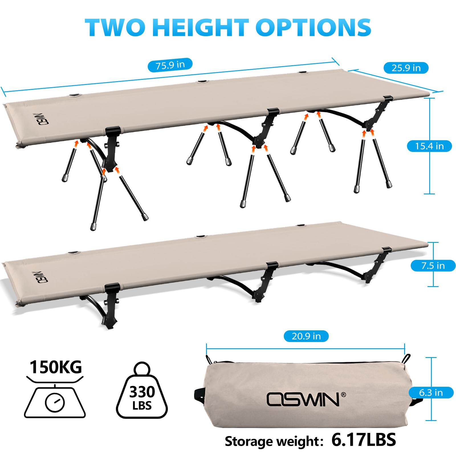 OSWIN Ultralight Folding Camping Cot for Adults - 330lb Capacity, Portable Backpack Bed with Leg Extension for Backcountry, RV, Beach & Outdoor Adventures (Khaki) | Perfect for Hiking, Camping & Travel