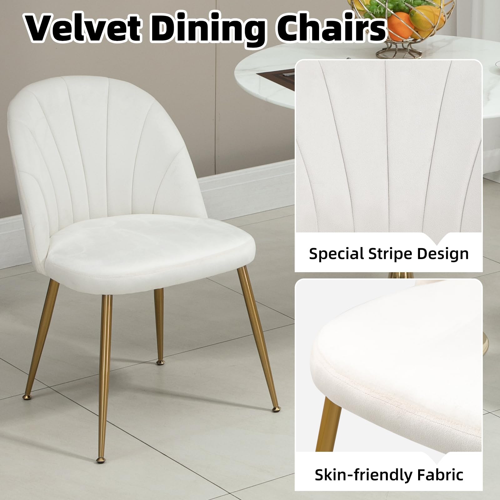 X-VOLSPORT Velvet Dining Chairs Set of 2 - Modern Accent Chairs for Living Room, Bedroom & Office - Armless Vanity Chairs with Gold Metal Legs - Beige Upholstered Seating for Home Decor, Guest Reception & Dining Area