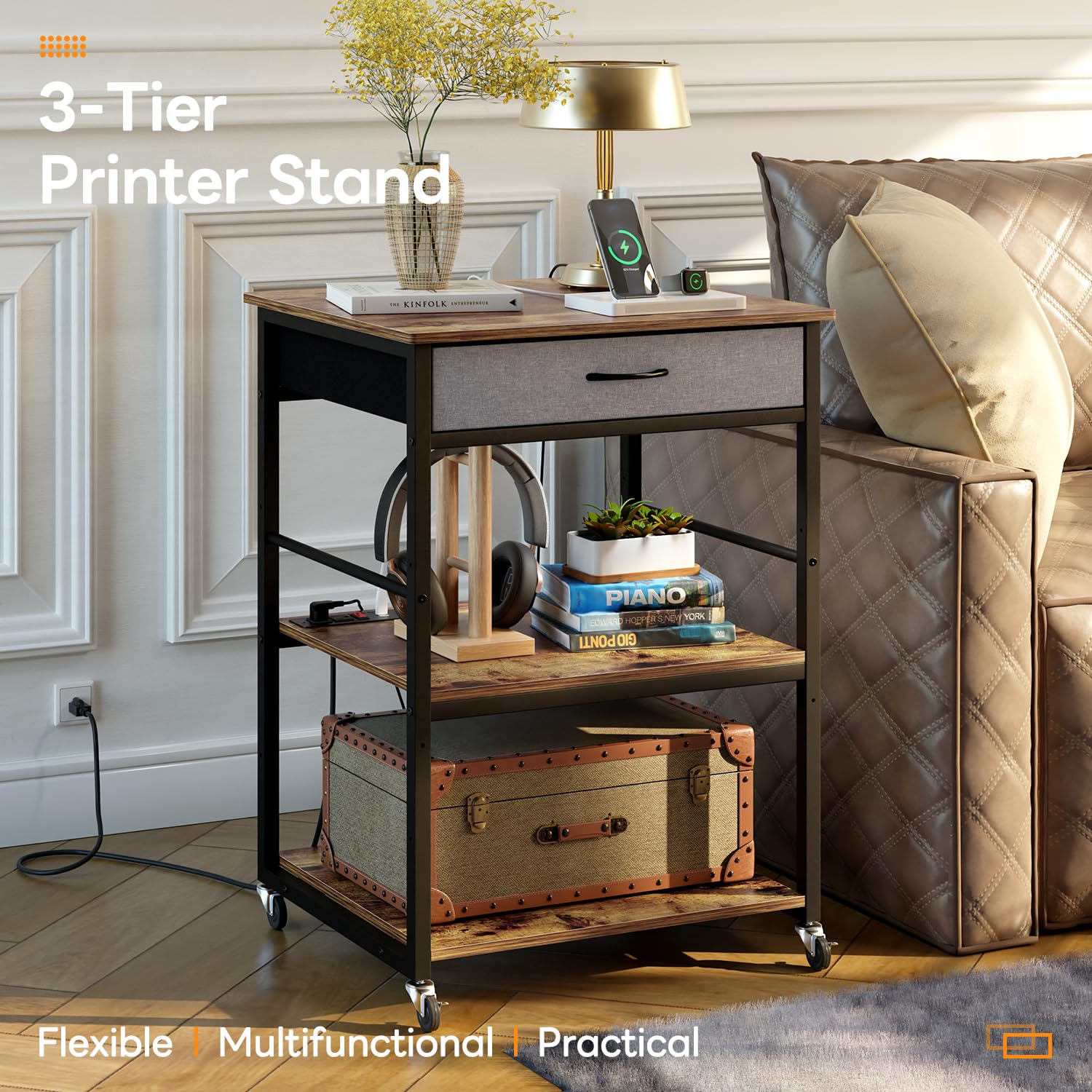 3-Tier Adjustable Printer Stand with Drawers, Wheels & Power Outlets - Large Rolling Printer Cart with USB Ports & Storage Shelf for Home Office Organization - Perfect for Laser/Inkjet Printers, Scanners & Office Equipment (Brown)