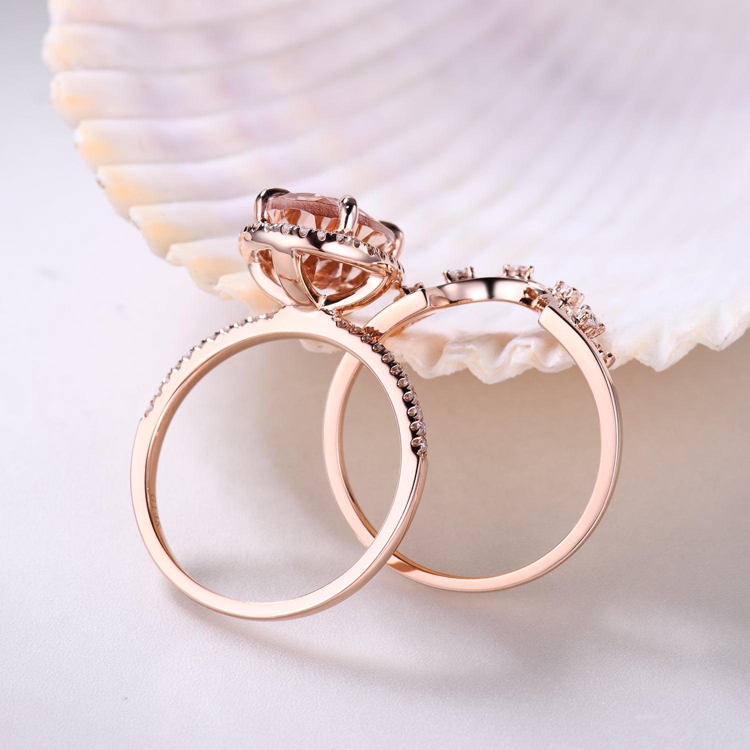 2pc Unique Oval Morganite and Diamond Bridal Ring Set - Heart Crown Petite Thin Wedding Band for Engagement, Promise & Anniversary - Perfect for Bridal Jewelry, Romantic Gifts & Special Occasions
