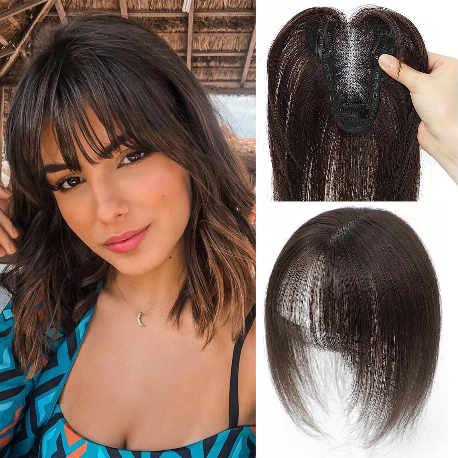 Human Hair Toppers for Women with Thinning Hair - Clip-In Hair Extensions with Bangs (Color #2) | Natural Real Hair Topper for Volume & Coverage | Perfect for Daily Wear, Special Occasions & Hair Loss Solutions