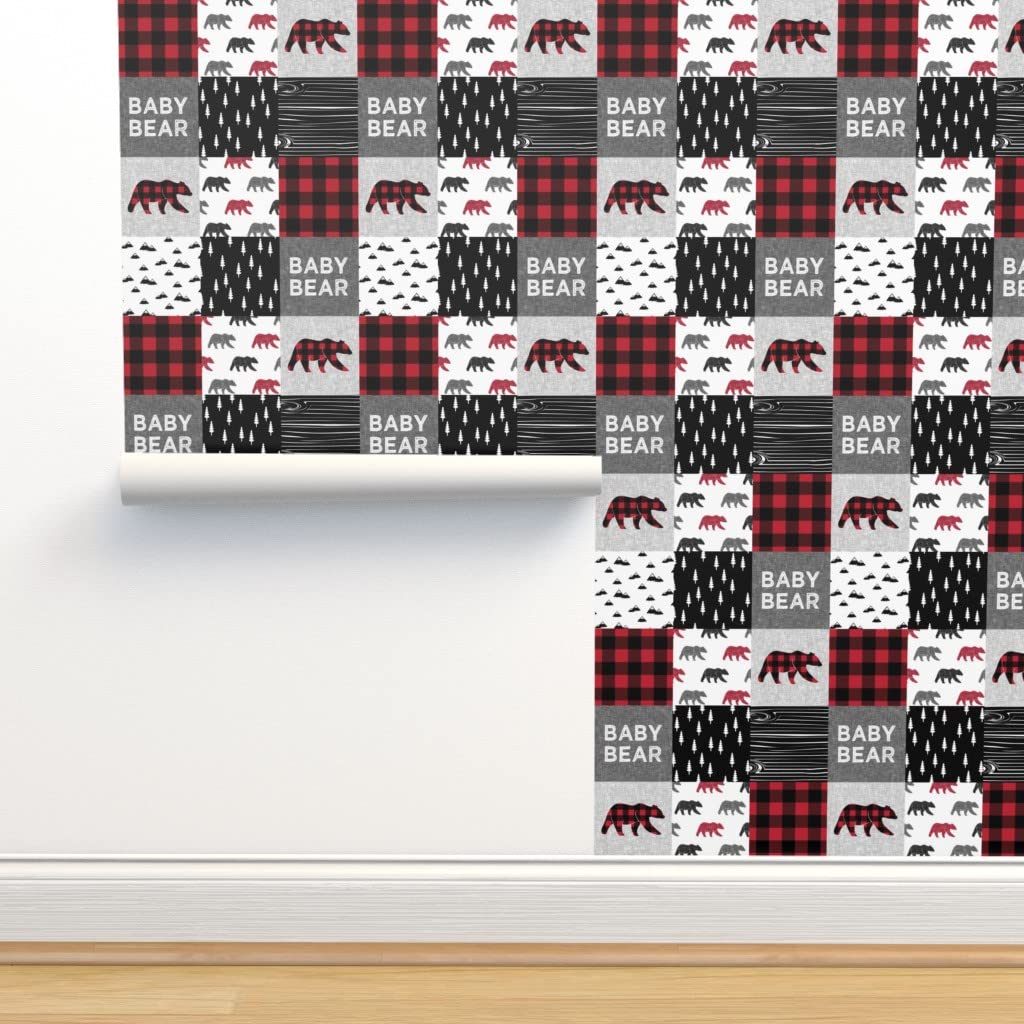 Removable Wallpaper 12ft x 2ft - Baby Bear Patchwork Quilt Buffalo Plaid Woodland Nursery Decor | Peel and Stick Wallpaper for Boys Room, Kids Bedroom, Cabin, or Farmhouse Style Nursery