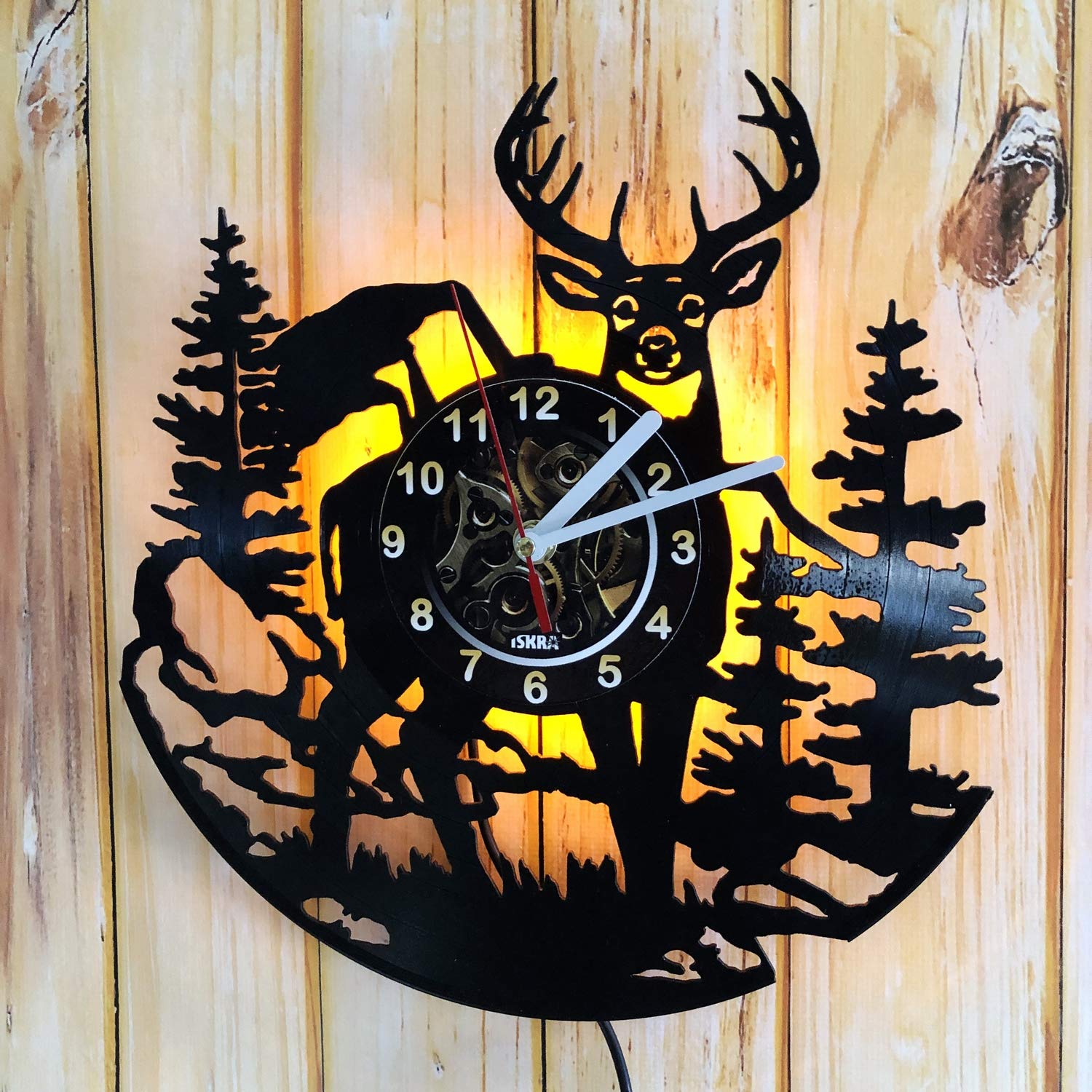 Vintage LED Wall Clock with Deer Wood Animal Design - Handmade Vinyl Art, Night Light & Backlight for Living Room Decor - Perfect for Bedroom, Nursery, and Home Office (Yellow)