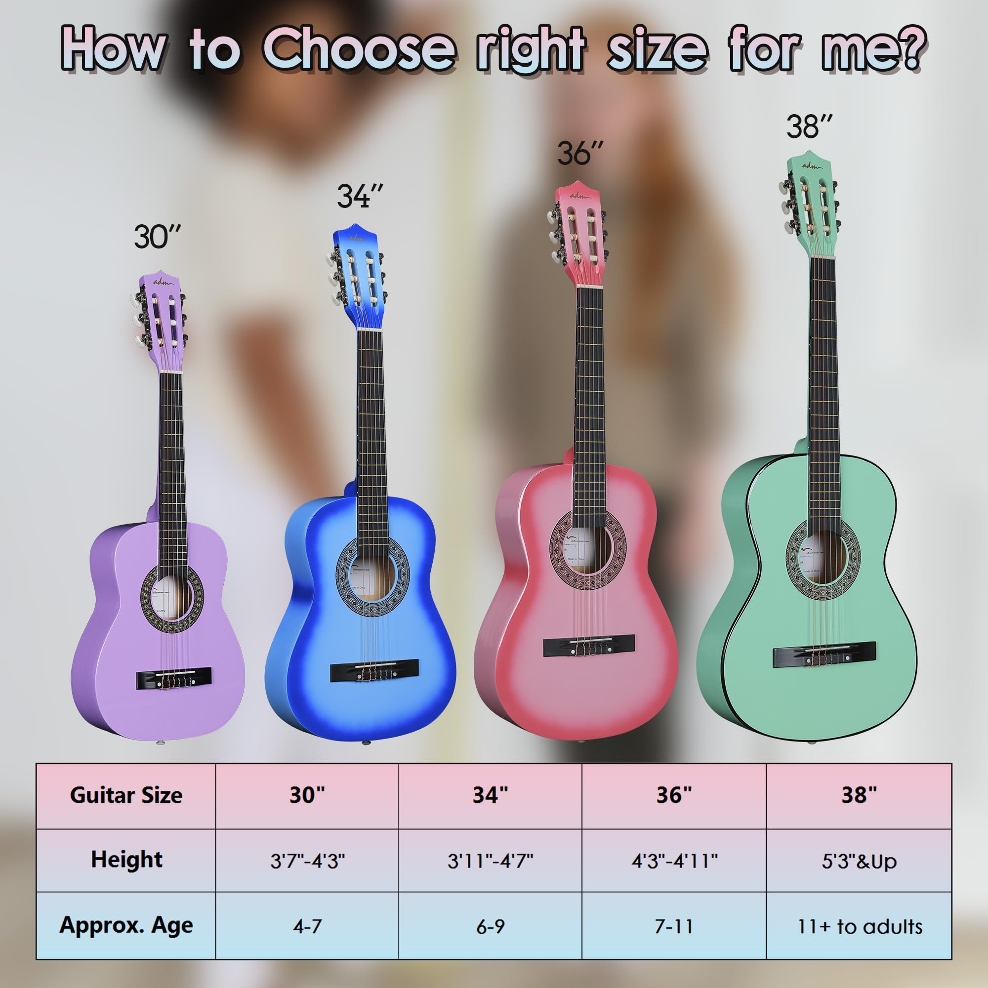 ADM 30 Inch Beginner Acoustic Classical Guitar with Nylon Strings - Wooden Guitar Bundle Kit for Kids, Boys, Girls & Students (Includes Gig Bag, Strap, Tuner, Extra Strings, Picks) - Perfect for Home Practice, Music Lessons & Youth Performances