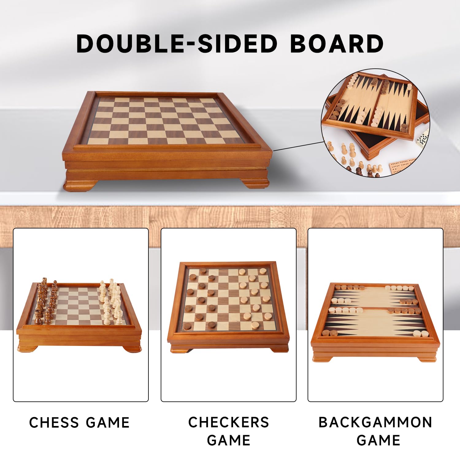 GSE 7-in-1 Wooden Game Set - Chess, Checkers, Backgammon for Family Game Night