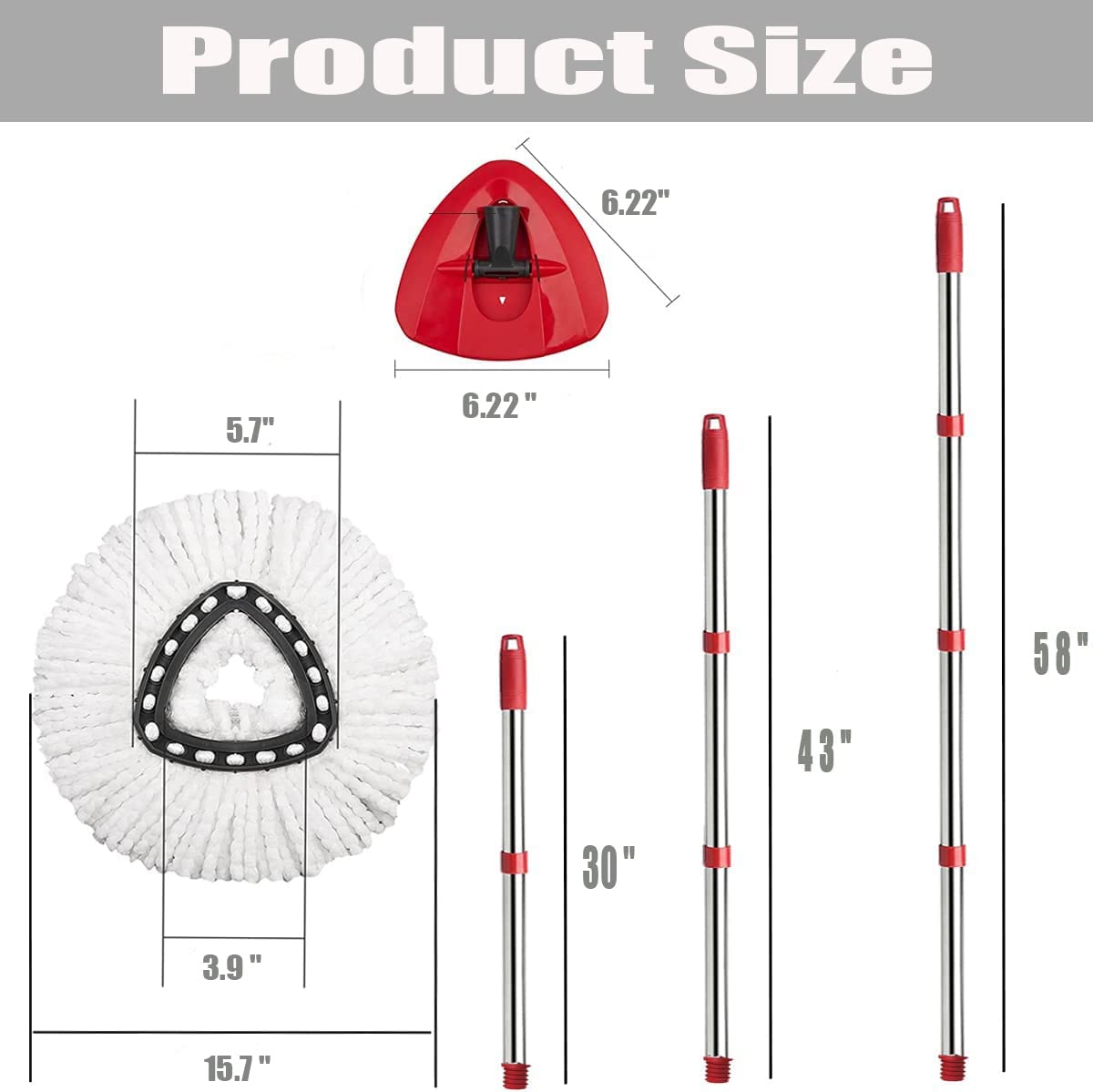 O-Ceda EasyWring Spin Mop Replacement Parts Set - 2 Microfiber Mop Refills, Triangle Mop Head Cover & Adjustable 30-58 Inch Handle - Compatible with Spin Mop Bucket System (White) - Perfect for Hardwood Floors, Tile & Kitchen Cleaning