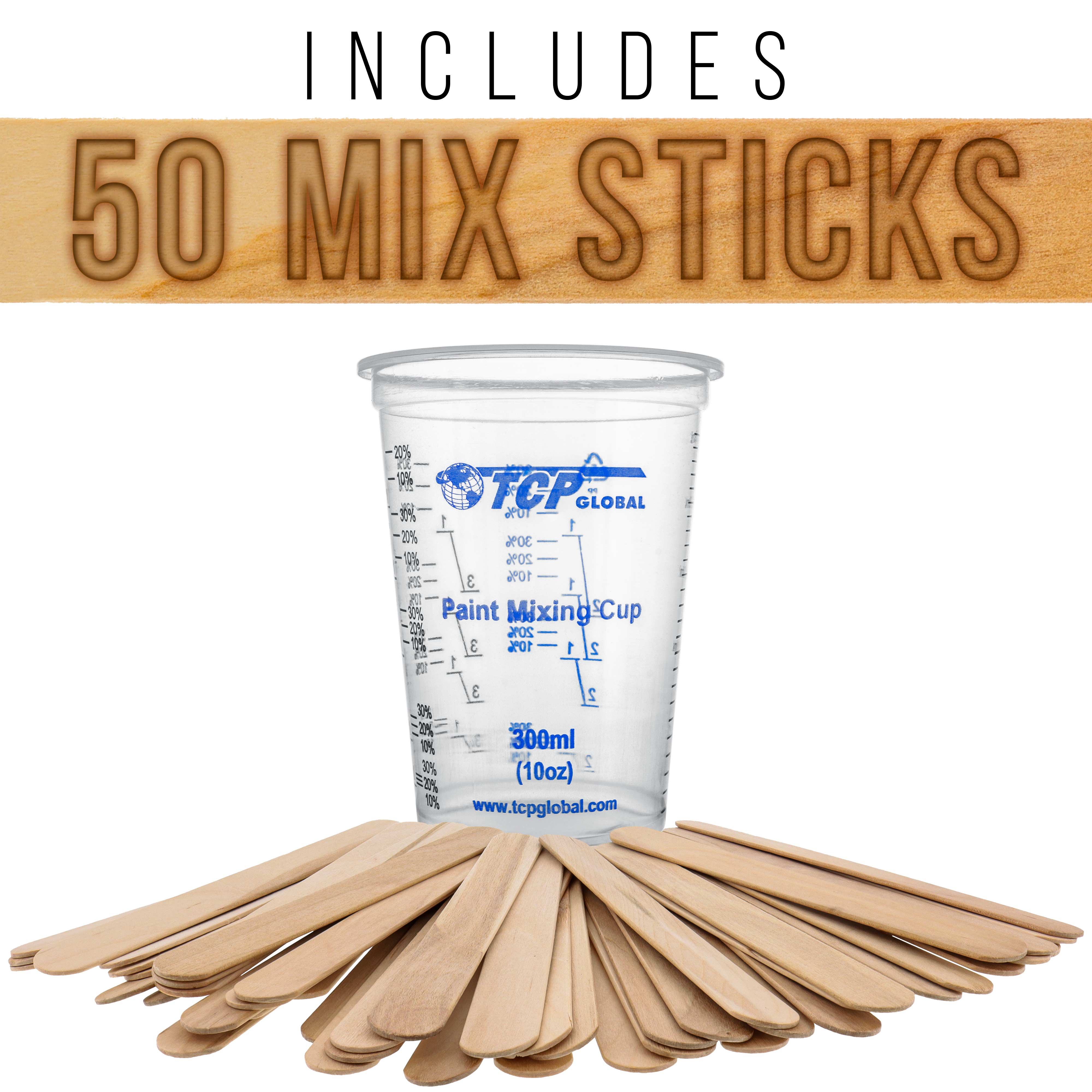 TCP Global 10 oz (300ml) Disposable Plastic Mixing Cups - Pack of 50 Cups & 50 Sticks - Clear Graduated Containers for Paint, Resin, Epoxy - Perfect for DIY Crafts, Art Projects & Home Repairs