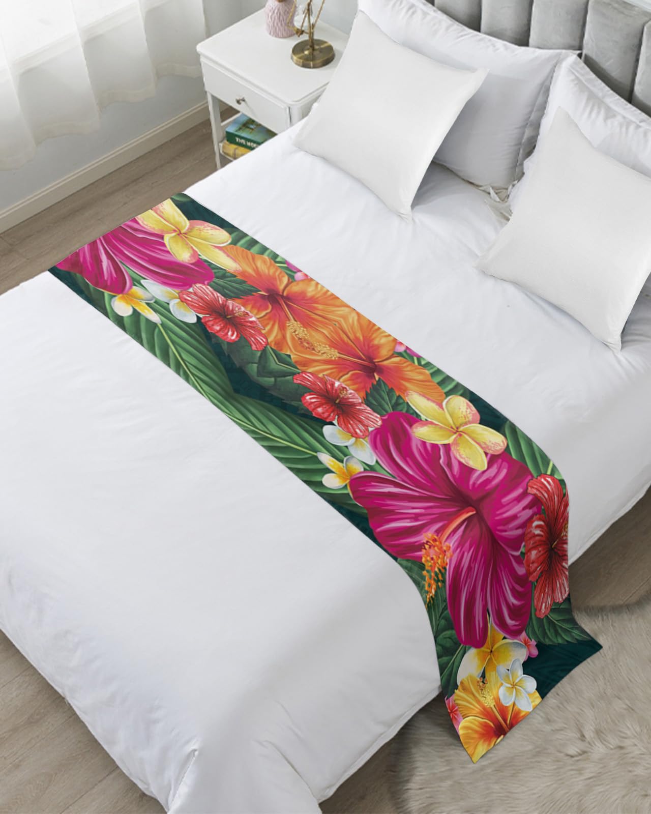 Premium Watercolor Hibiscus Flowers Tropical Hawaii Floral Bed Runner - Decorative Bedding Scarf with Green Plant Leaf Design - Queen Size (94x20 inches) - Perfect for Bedroom, Hotel Decor & Boho Chic Home Styling