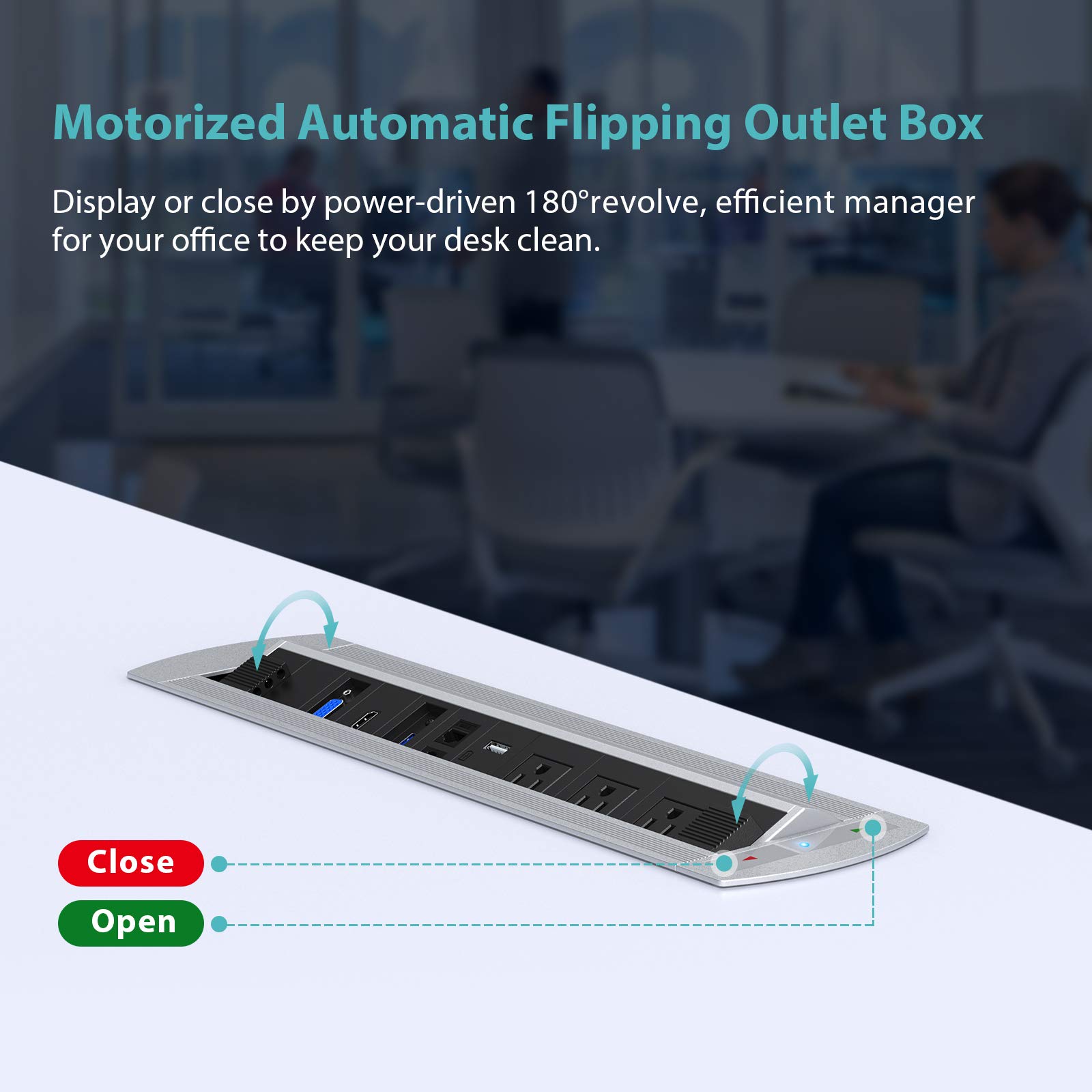 Motorized Recessed Power Outlet Box for Conference Tables - 3 AC Outlets, 2 USB Ports, USB 3.0, HDMI, VGA & Ethernet Ports - Silver | Ideal for Office Meeting Rooms & Smart Conference Tables
