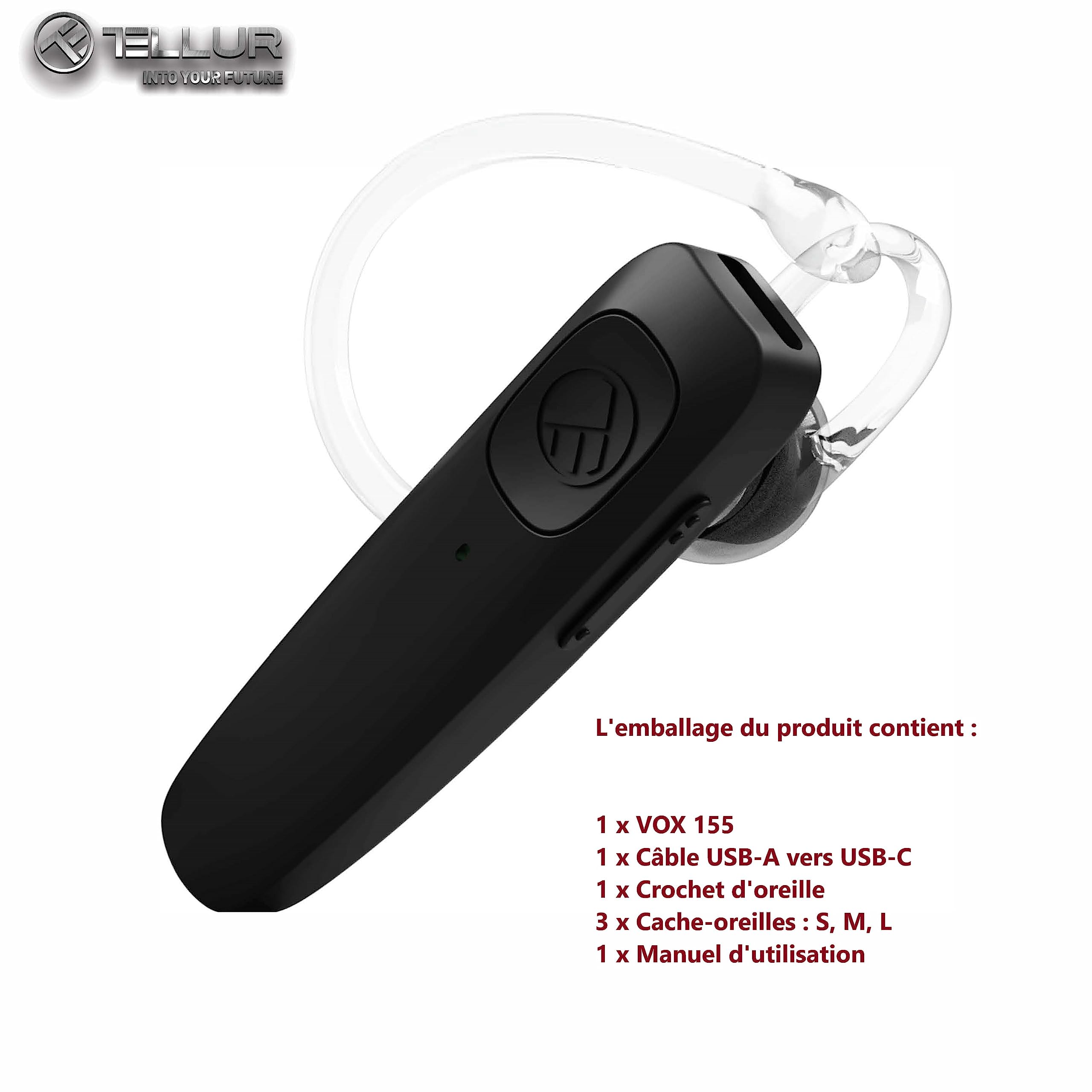 TELLUR VOX 155 Wireless Bluetooth Headset Mono - Hands-Free Headset with USB-C Charging, Multipoint Connectivity, HD Voice & Dual Noise Cancelling Mics, 360° Rotatable Hook - Perfect for Office Calls, Driving, and Remote Work