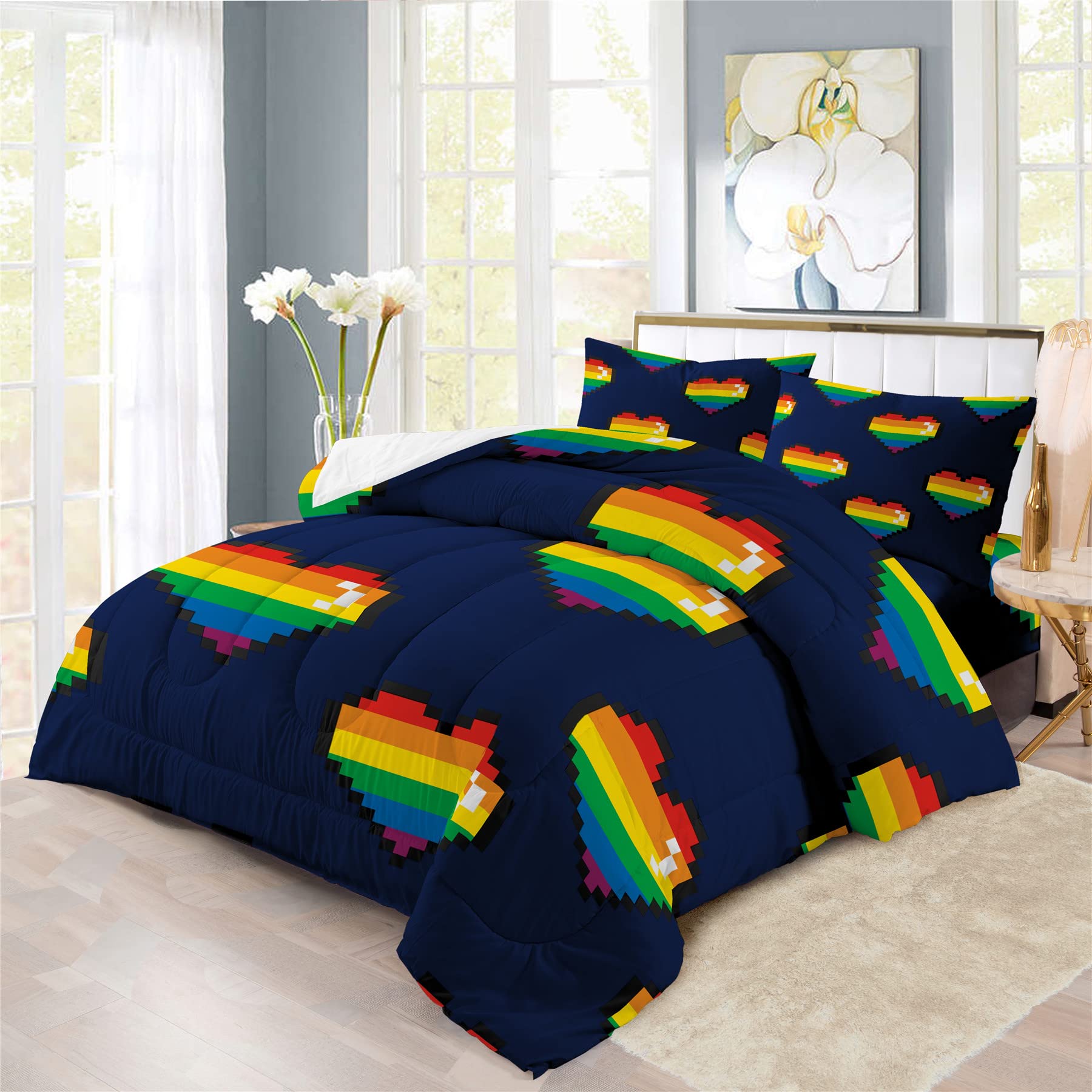 Rainbow Love LGBTQ+ Couples Comforter Set - 1 Comforter + 2 Pillow Shams (3PCS) or 4-Piece Sheet Set (D, TWIN, QUEEN) - Vibrant Pride Bedding for Gay & Lesbian Couples - Perfect for Pride Month, Anniversary Gifts & Romantic Bedroom Decor