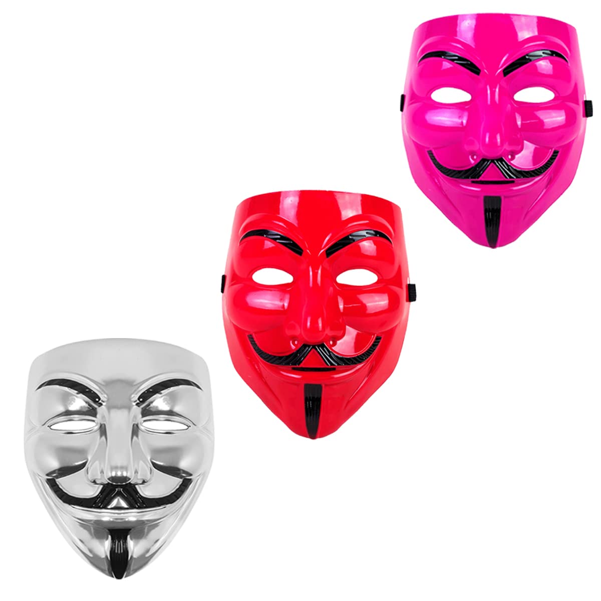 V for Vendetta Anonymous VIP Edition Face Mask - Sage Square Pink, Red & Silver Fawkes Mask Set of 3 | Perfect Fit Cosplay & Halloween Costume Accessory | Protest, Themed Parties & Movie Events