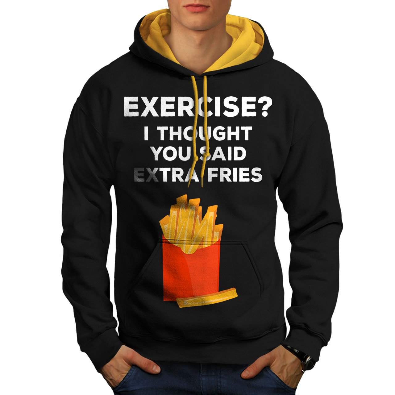 Wellcoda Men's Contrast Hoodie with Extra Fries Print - Funny Pun Hooded Jumper for Gym, Workout & Casual Wear