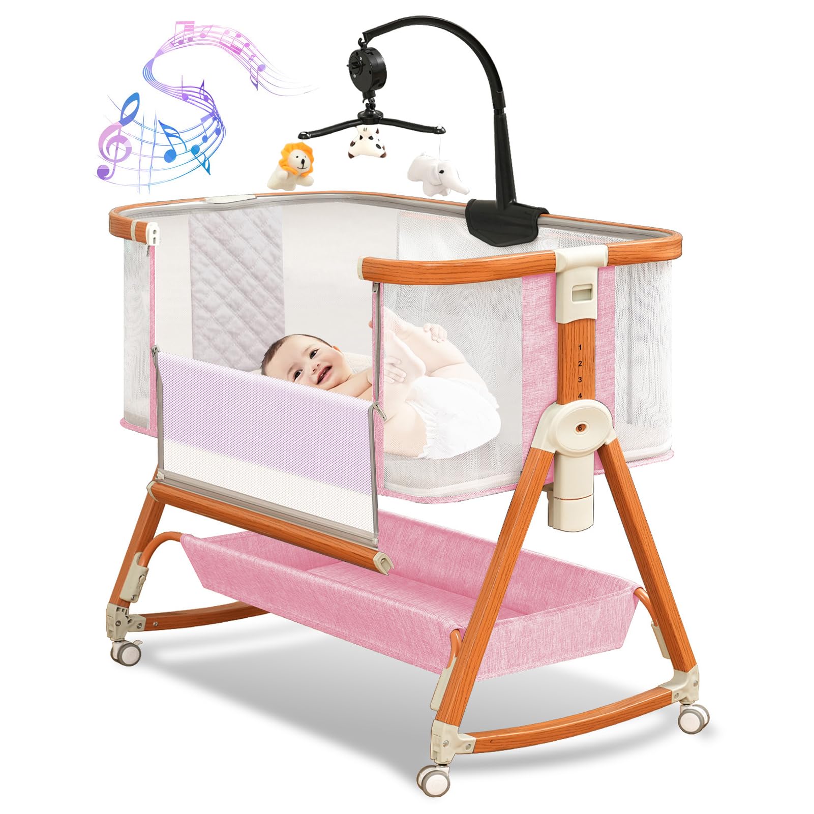3-in-1 Adjustable Baby Bassinet Bedside Sleeper with Musical Toy & Storage Basket - Portable Crib with 4-Sided Mesh & Wheels for Newborns 0-6 Months (Pink) - Perfect for Nursery, Bedroom & Travel Use