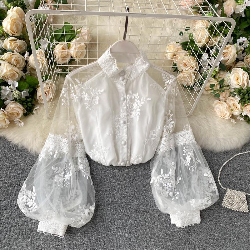 French Retro Mesh Lace Top - Stand Collar Embroidered Puff Sleeve Blouse for Women | Vintage Floral Shirt for Casual Wear, Date Night & Special Occasions