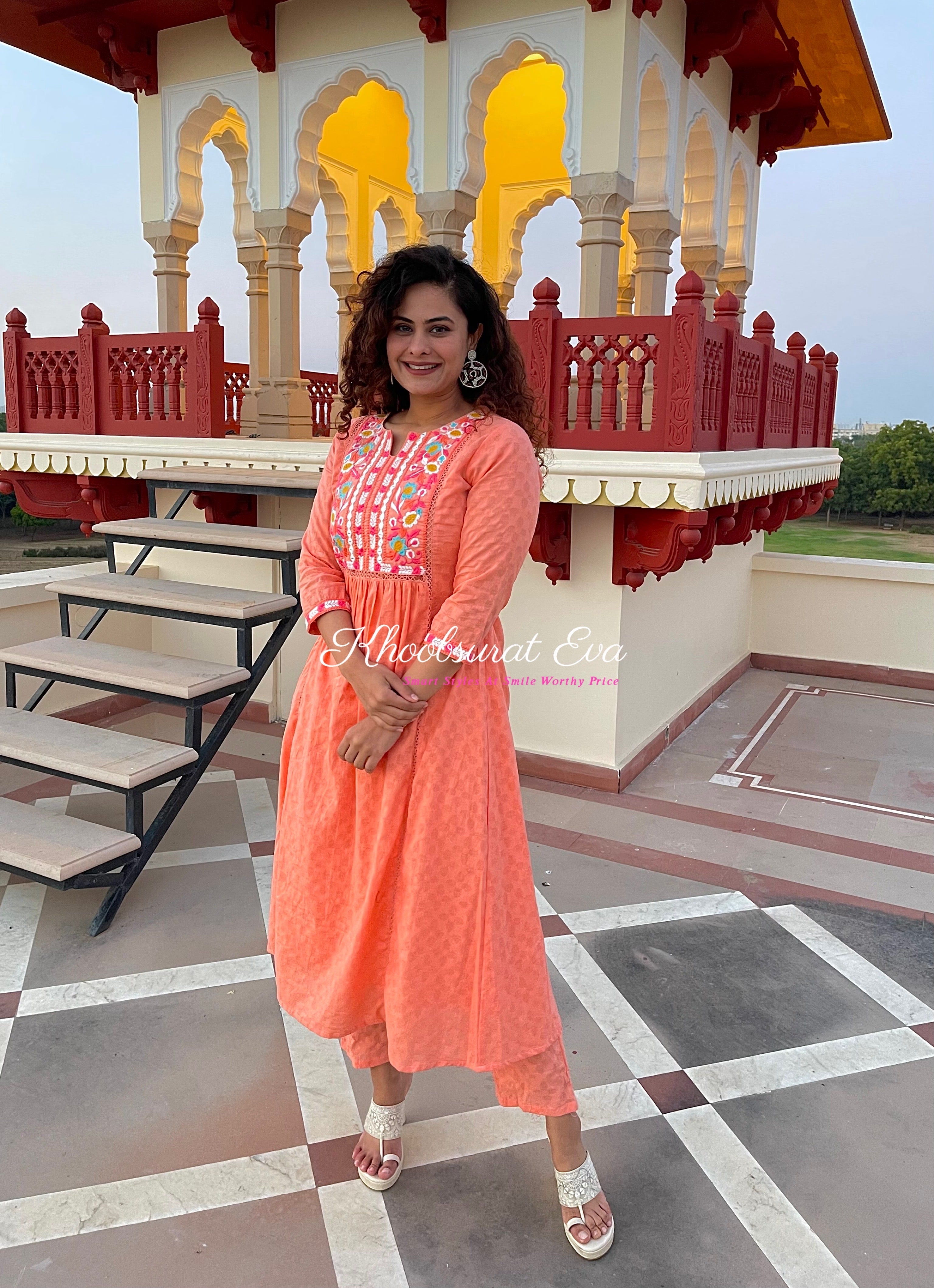 PEACH EMBROIDERED COTTON COORD SET - Women's Summer Outfit for Casual Wear, Beach & Vacation | 2-Piece Matching Set with Floral Design