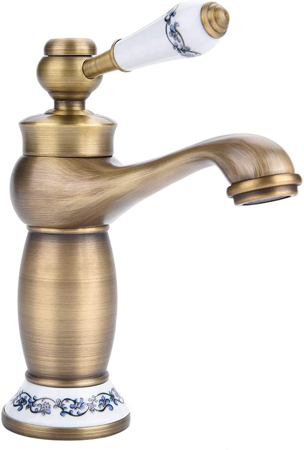 Vintage Antique Brass Bathroom Sink Faucet with Blue White Porcelain Long Neck - Ceramic Mixer Tap for Kitchen & Basin - Hot/Cold Water - Perfect for Farmhouse, Victorian & Retro Home Decor (Type 1)