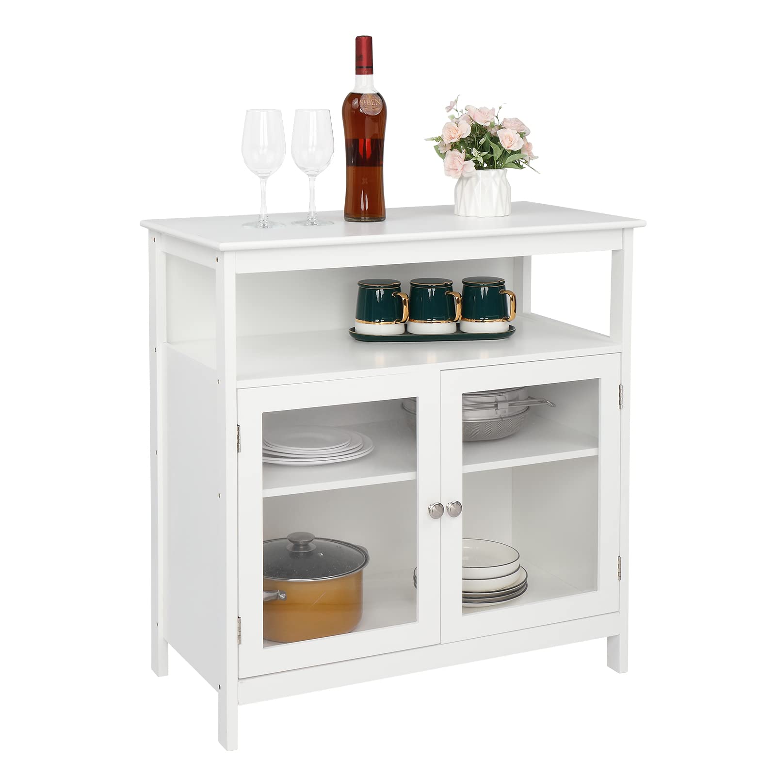 White Wooden Kitchen Sideboard Cabinet with 2 Doors & Shelf - Entryway Console Table for Living Room, Dining Room & Hallway Storage - Floor Standing Accent Furniture for Home Organization