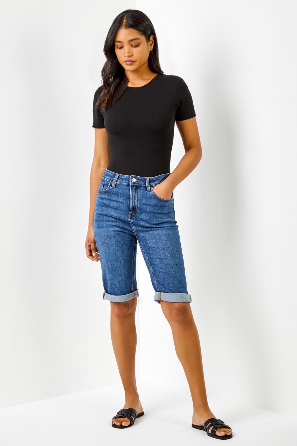Women's High Waisted Stretch Denim Shorts - Lightweight Cropped Jeggings with Turn-Up Hem for Summer & Casual Wear | Perfect for Holidays, Beach Outings & Everyday Comfort