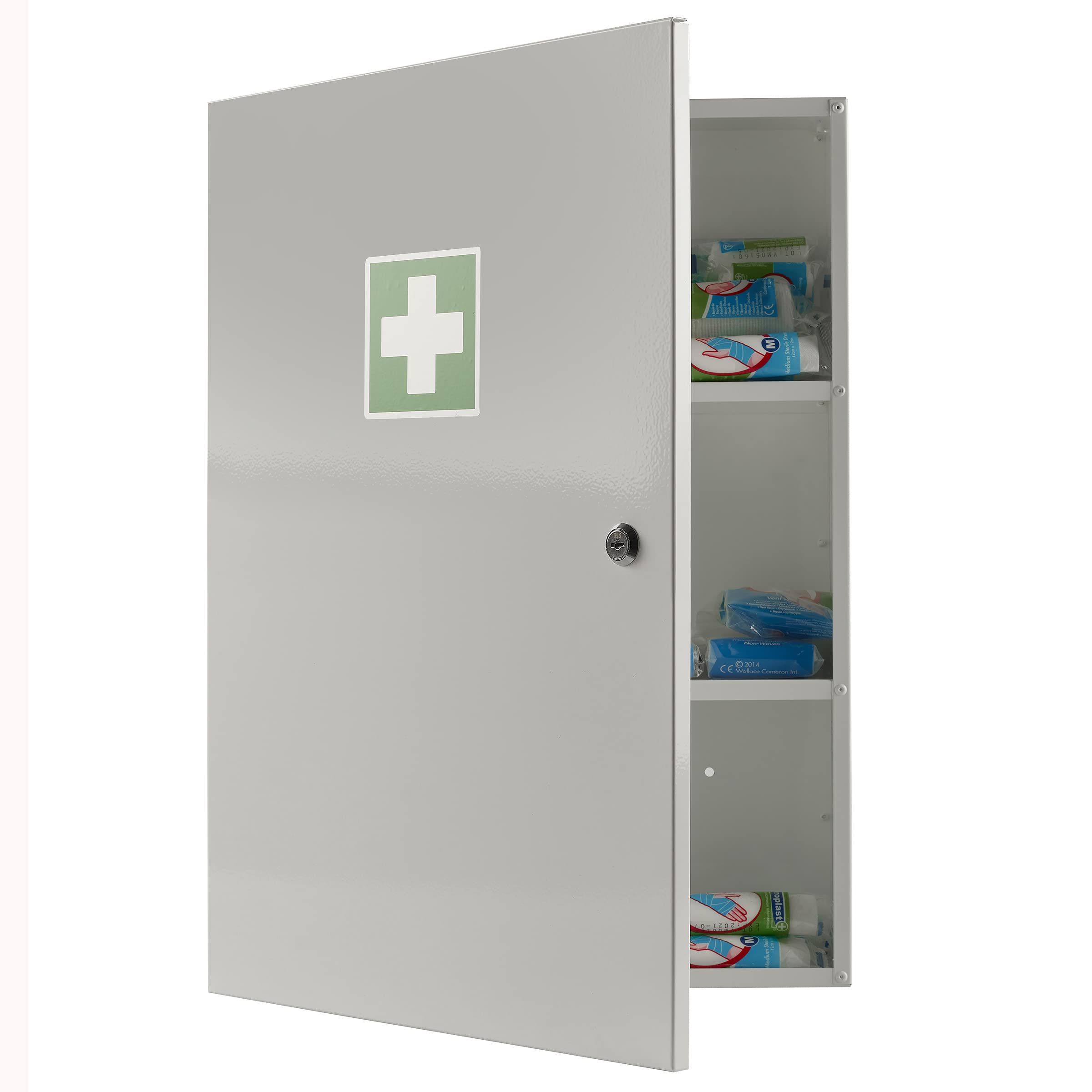 Medical Storage Cabinet - Extra Large Wall Mounted Metal First Aid Cabinet with Child-Proof Lock | Secure Medicine Organizer for Bathroom, Home or Office | White Lockable Medicine Case for Safe Drug Storage